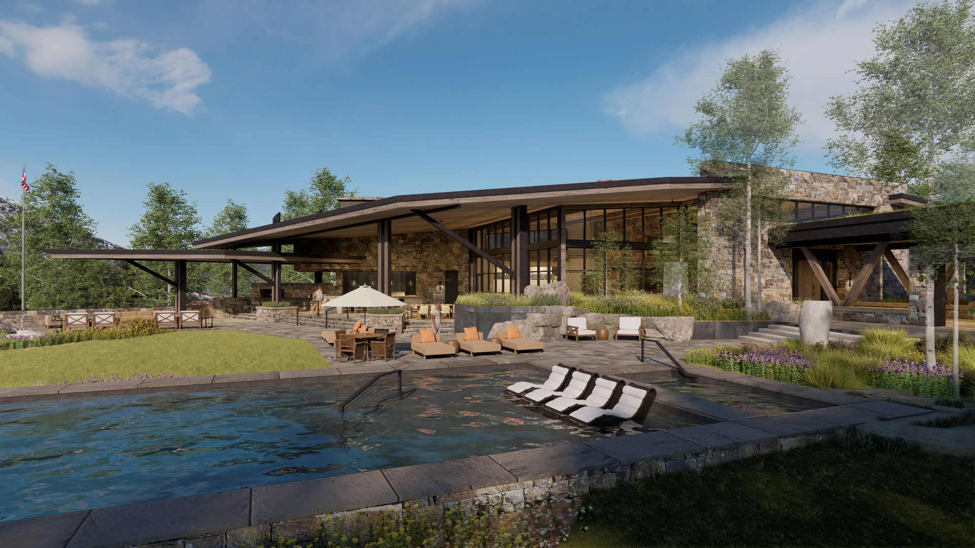 A large house with a large swimming pool in front of it.