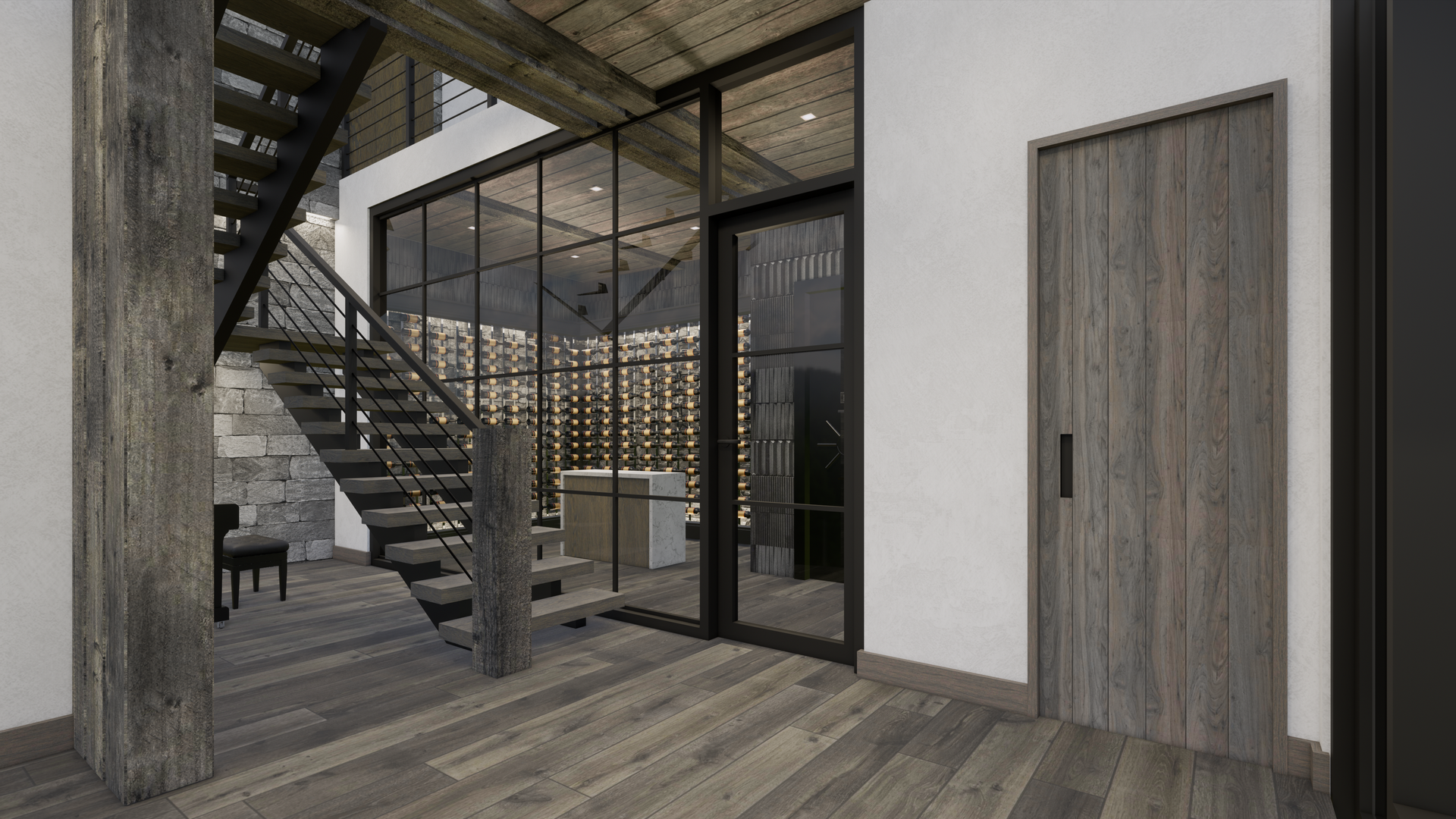 There is a staircase in the middle of the room.