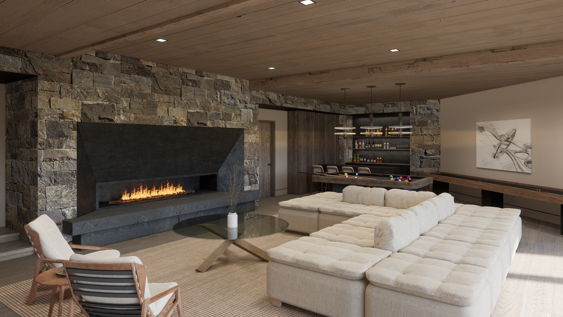 A living room with a couch , chairs , and a fireplace.