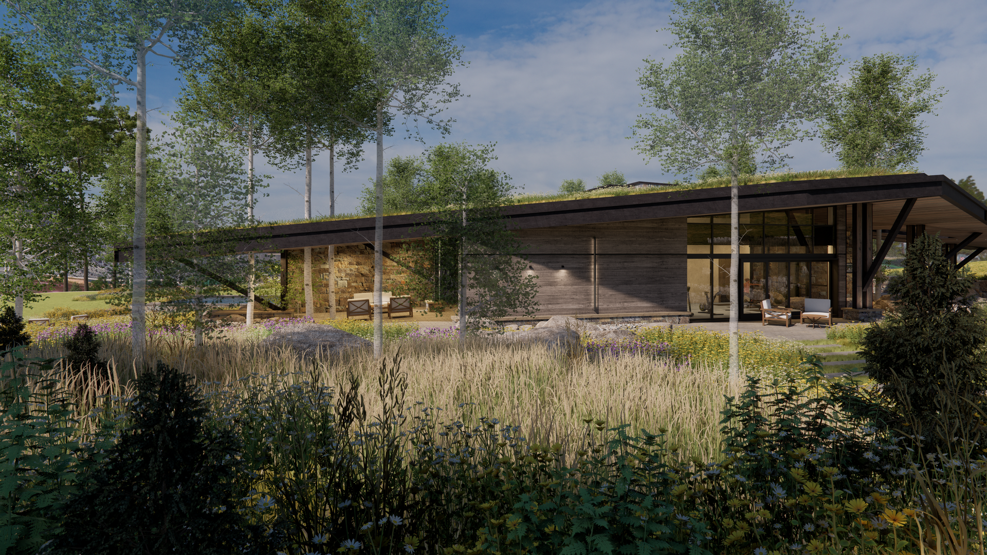 An artist 's impression of a house with a green roof in the middle of a field surrounded by trees.