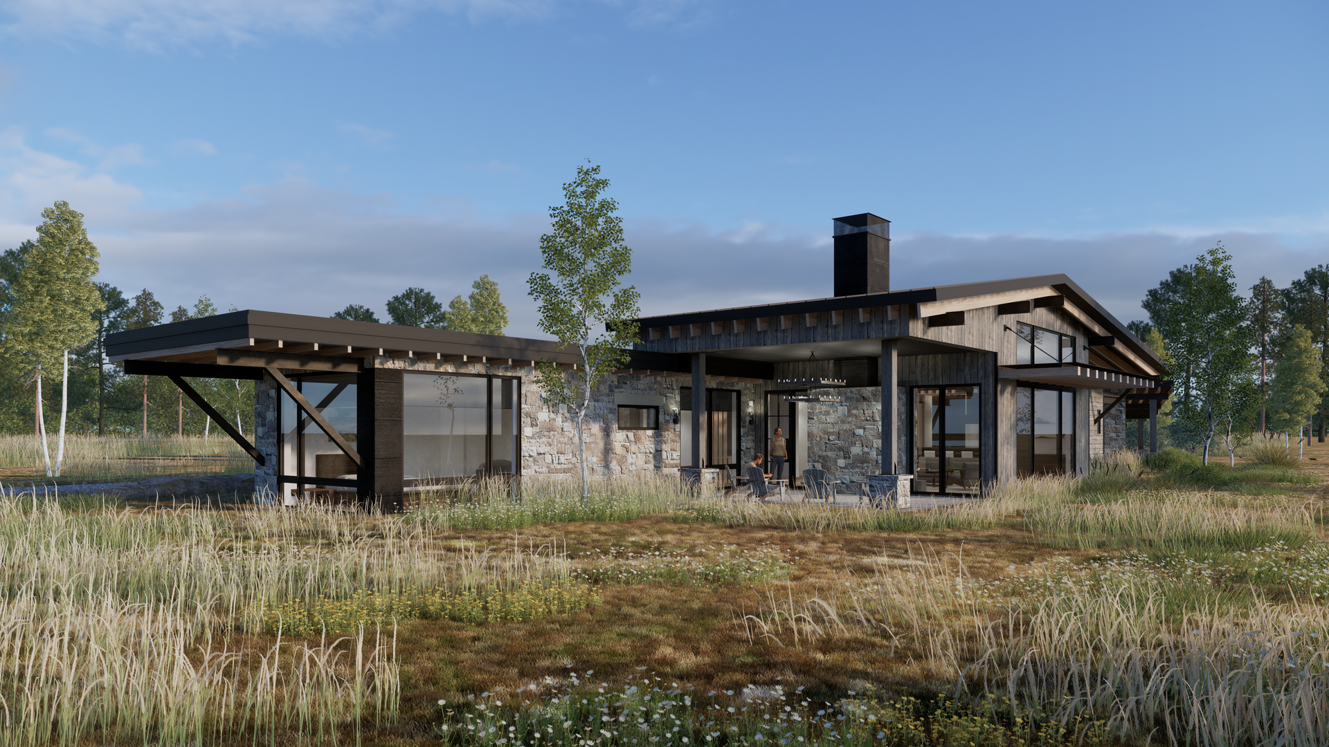 A house is sitting in the middle of a grassy field.