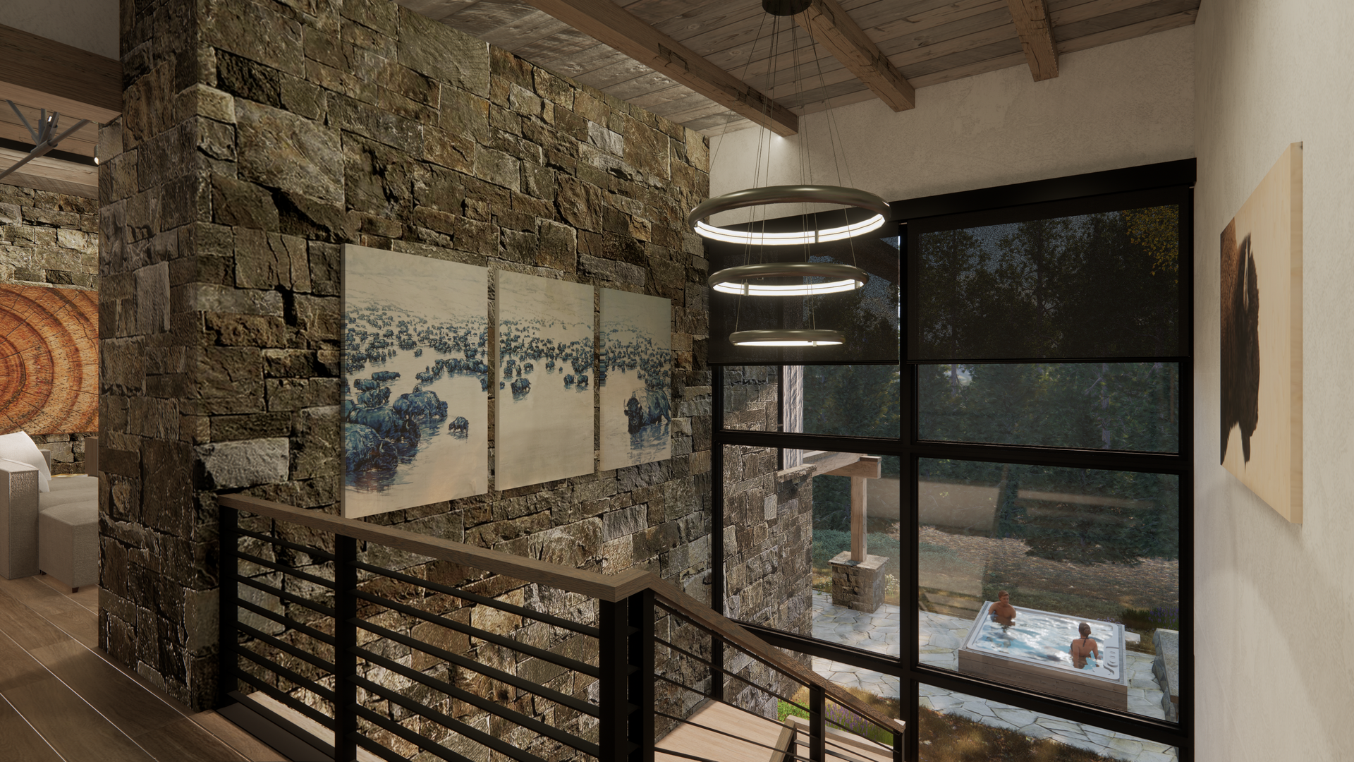 A 3d rendering of a living room with a stone wall and a balcony.