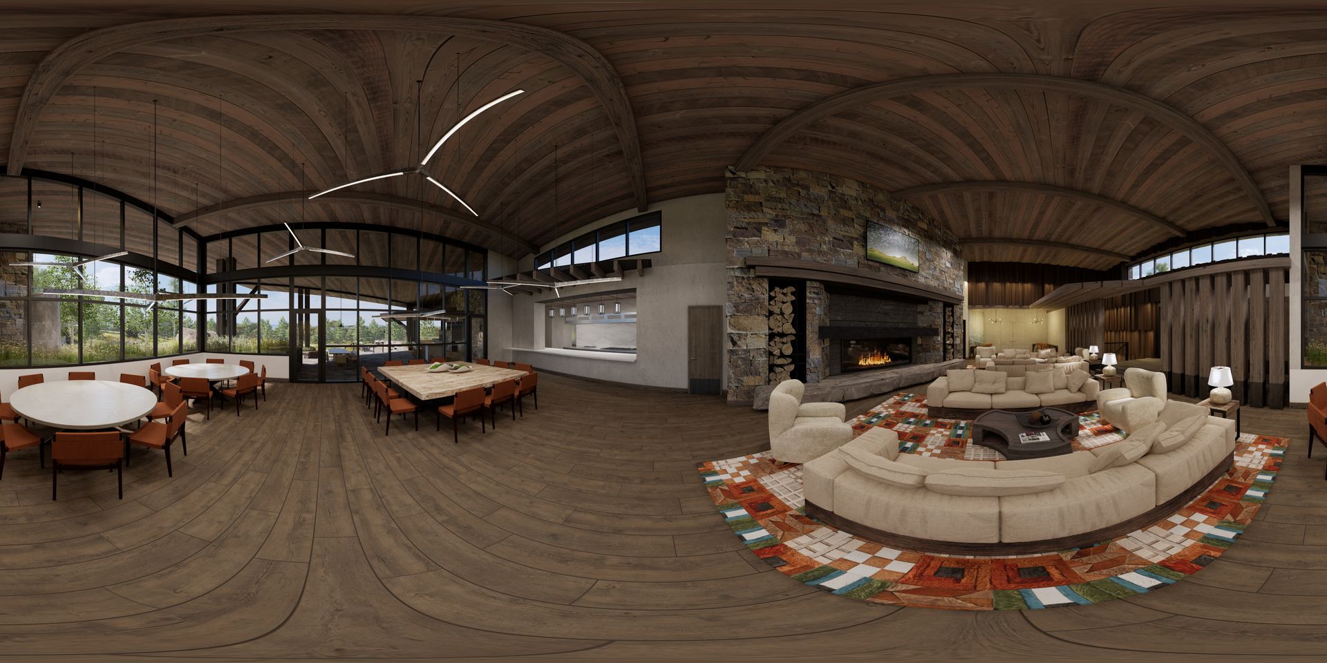 A 360 degree view of a living room with a pool table and a fireplace.