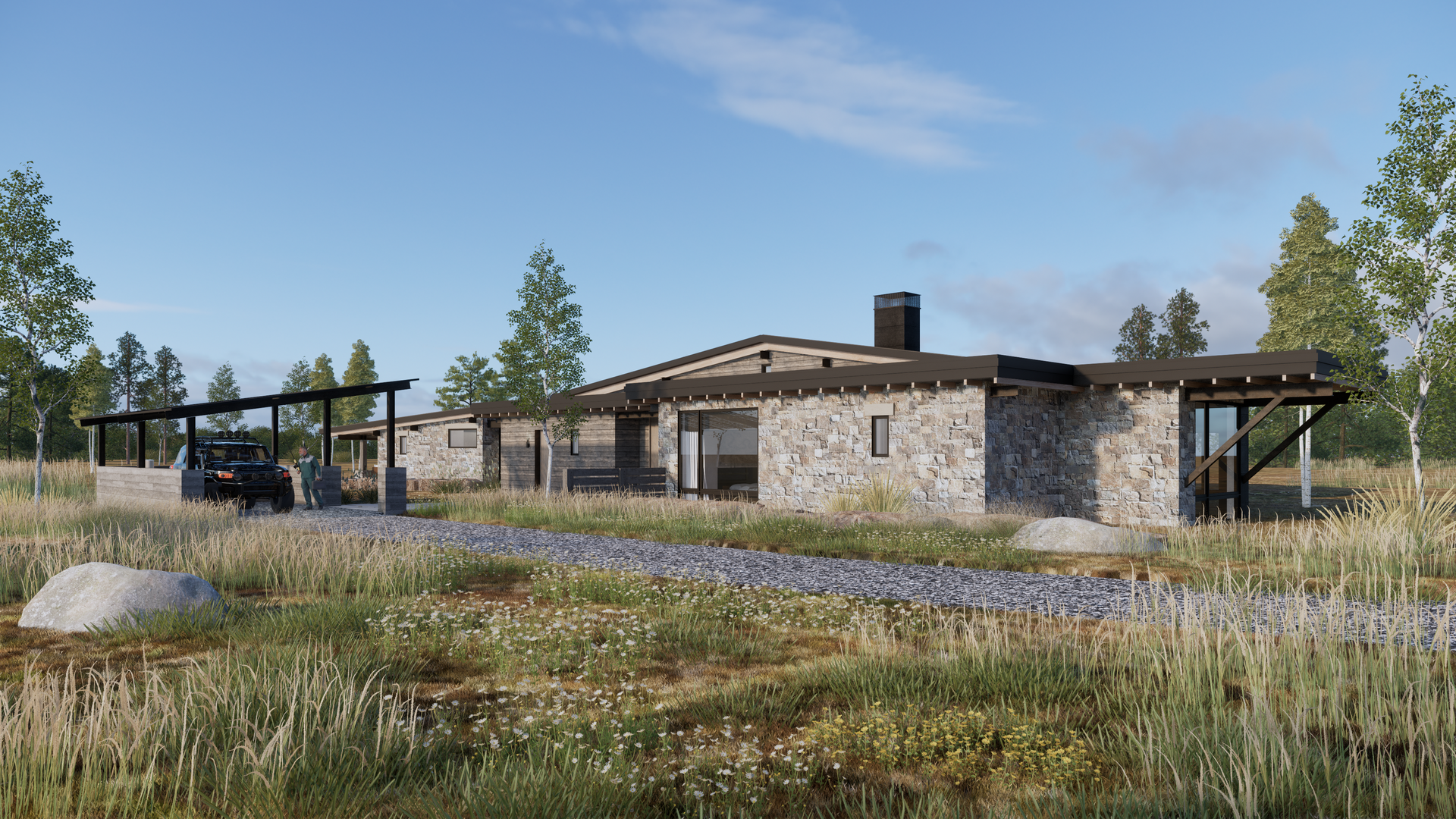 A large stone house is sitting in the middle of a grassy field.