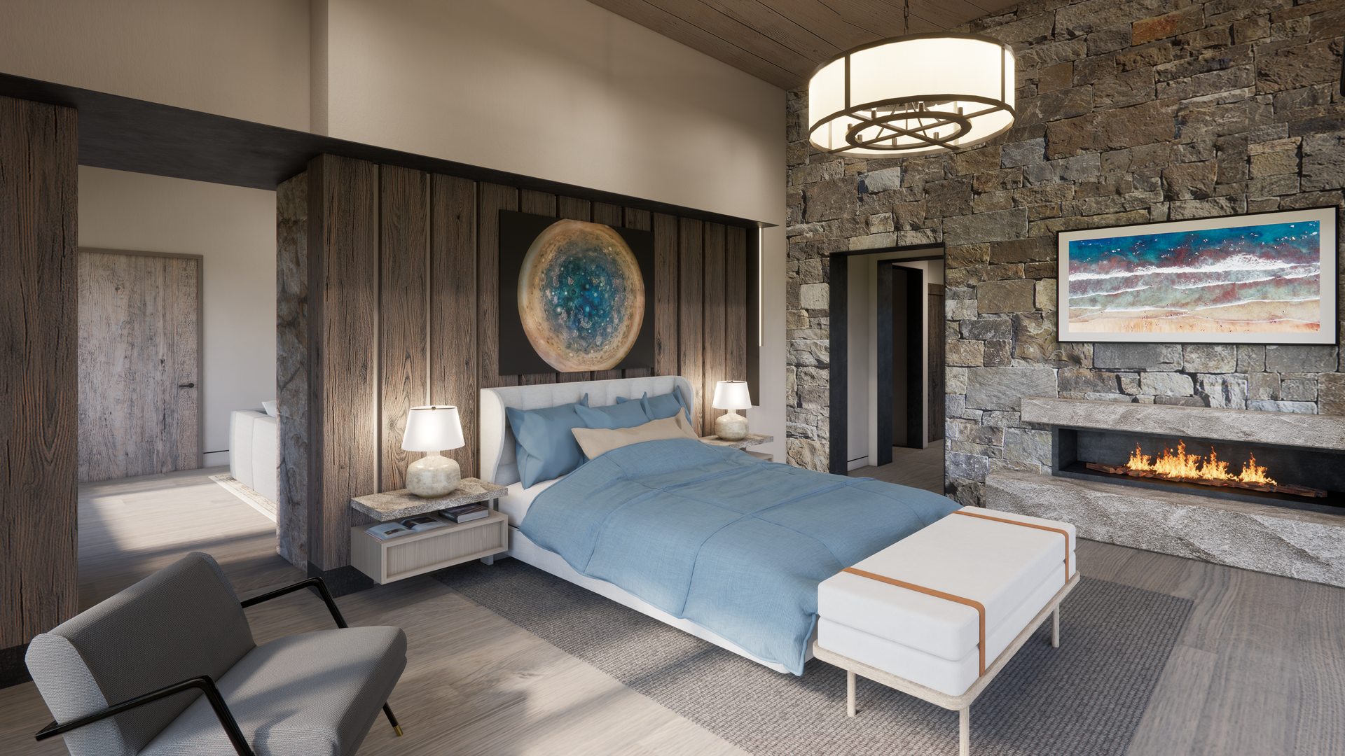 A bedroom with a large bed and a fireplace.