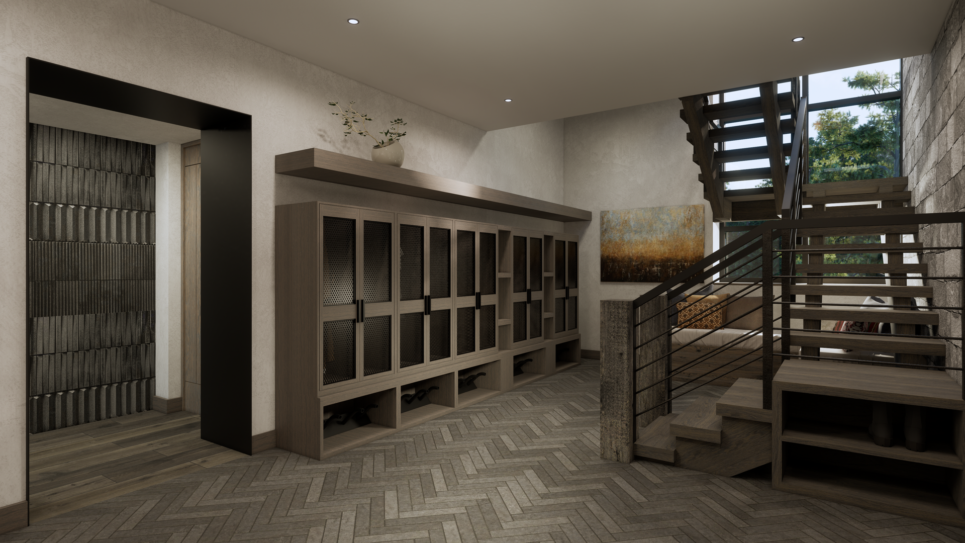 An artist 's impression of a locker room with stairs.