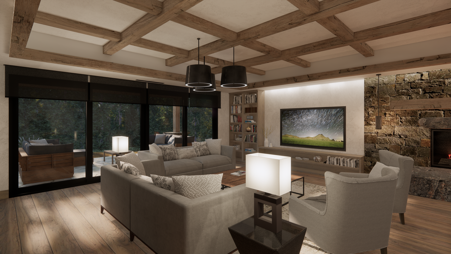 A living room with a couch , chairs , and a television.