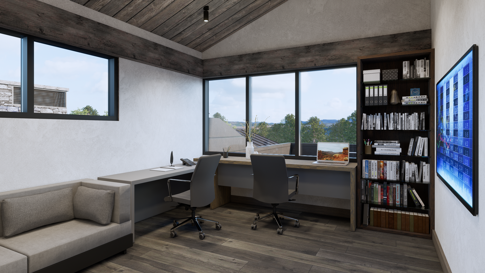 A living room with a couch , desk , chairs and a bookshelf.