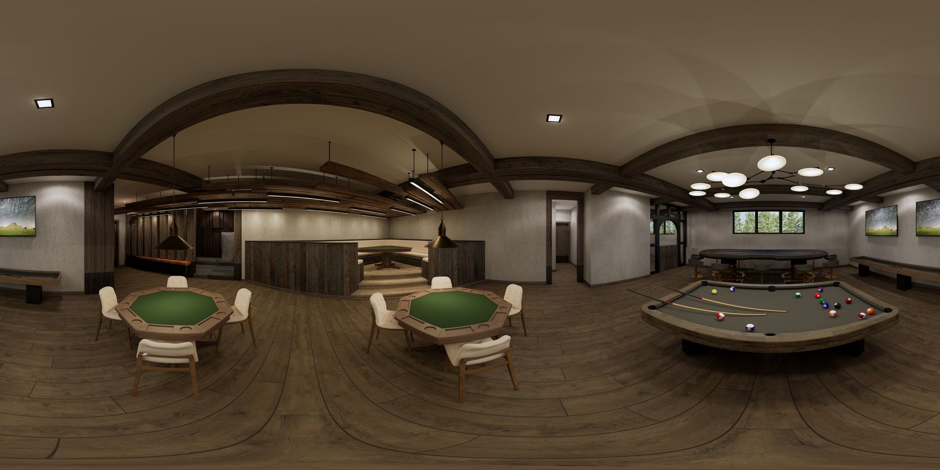 A 360 degree view of a game room with a pool table and poker tables.