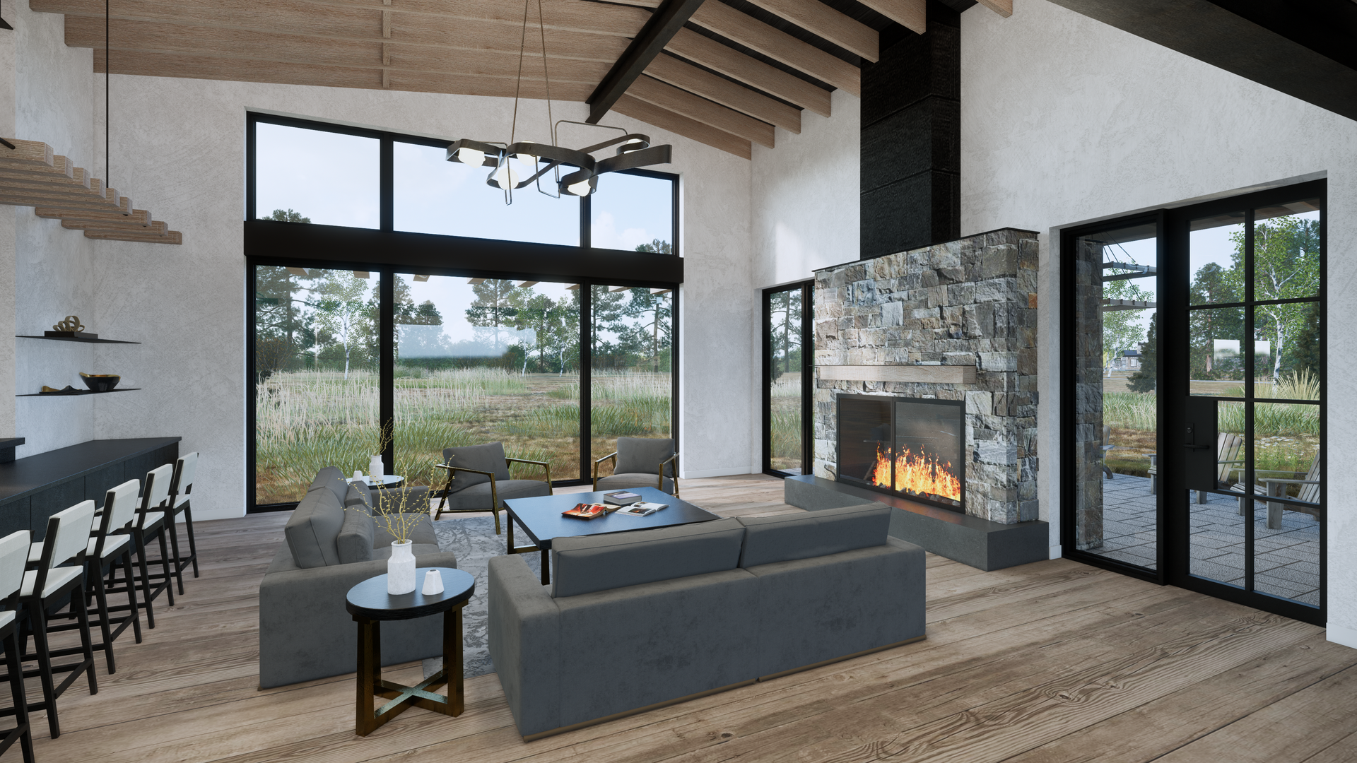 A living room with a fireplace and a lot of windows