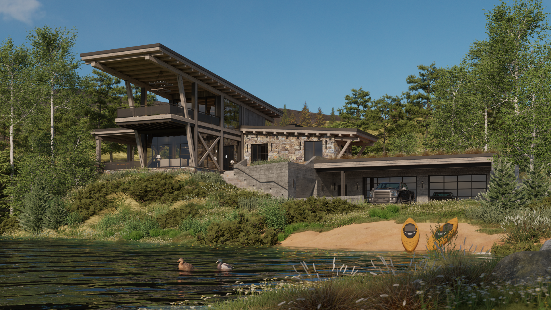 A large house is sitting on top of a hill next to a lake surrounded by trees.