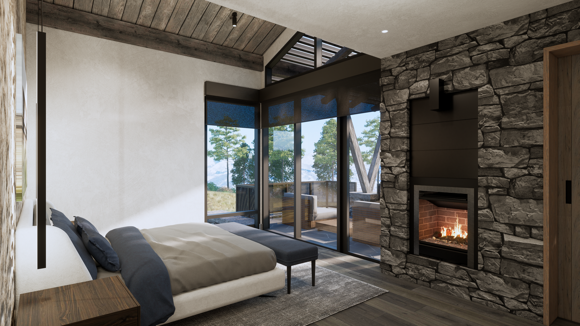 An artist 's impression of a bedroom with a fireplace and a large bed.
