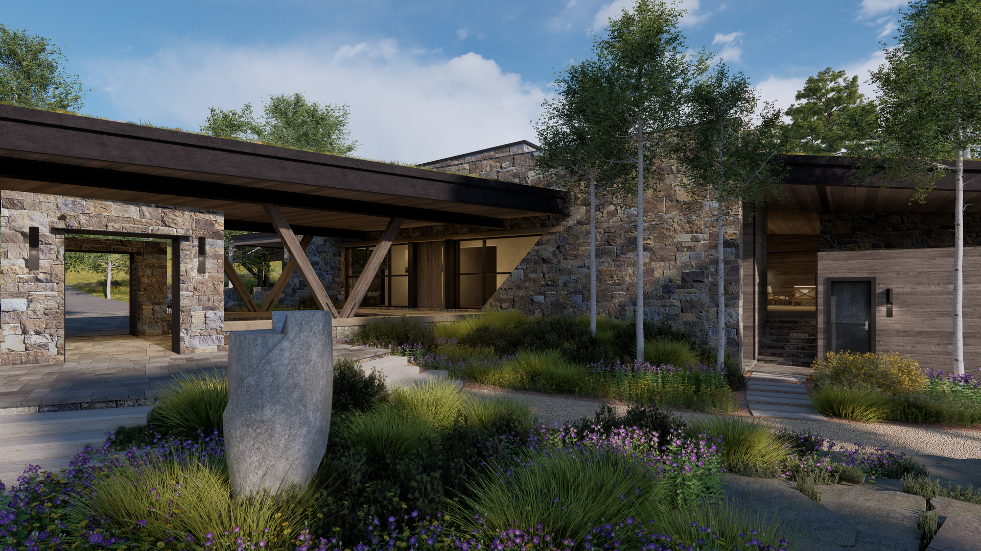 An artist 's impression of a large stone and wooden house surrounded by trees and flowers.