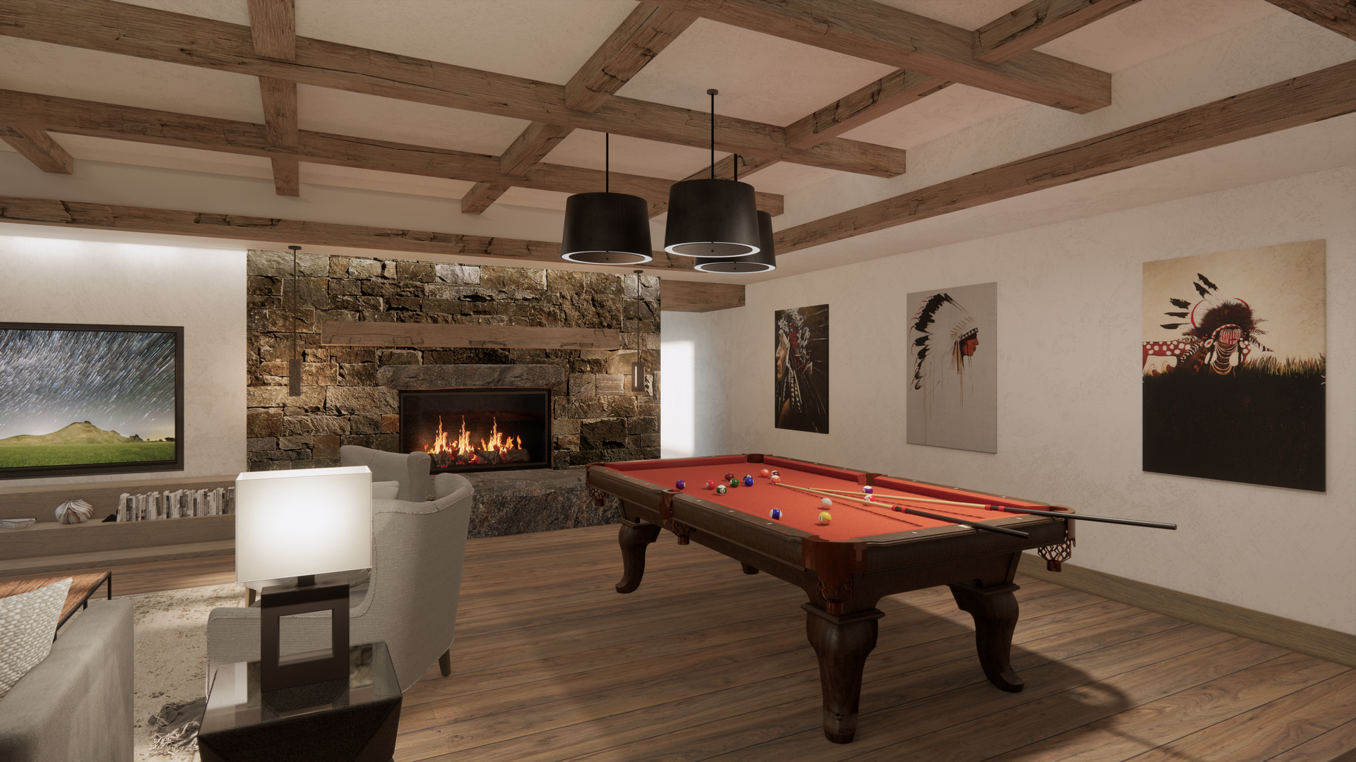 There is a pool table in the middle of the room.