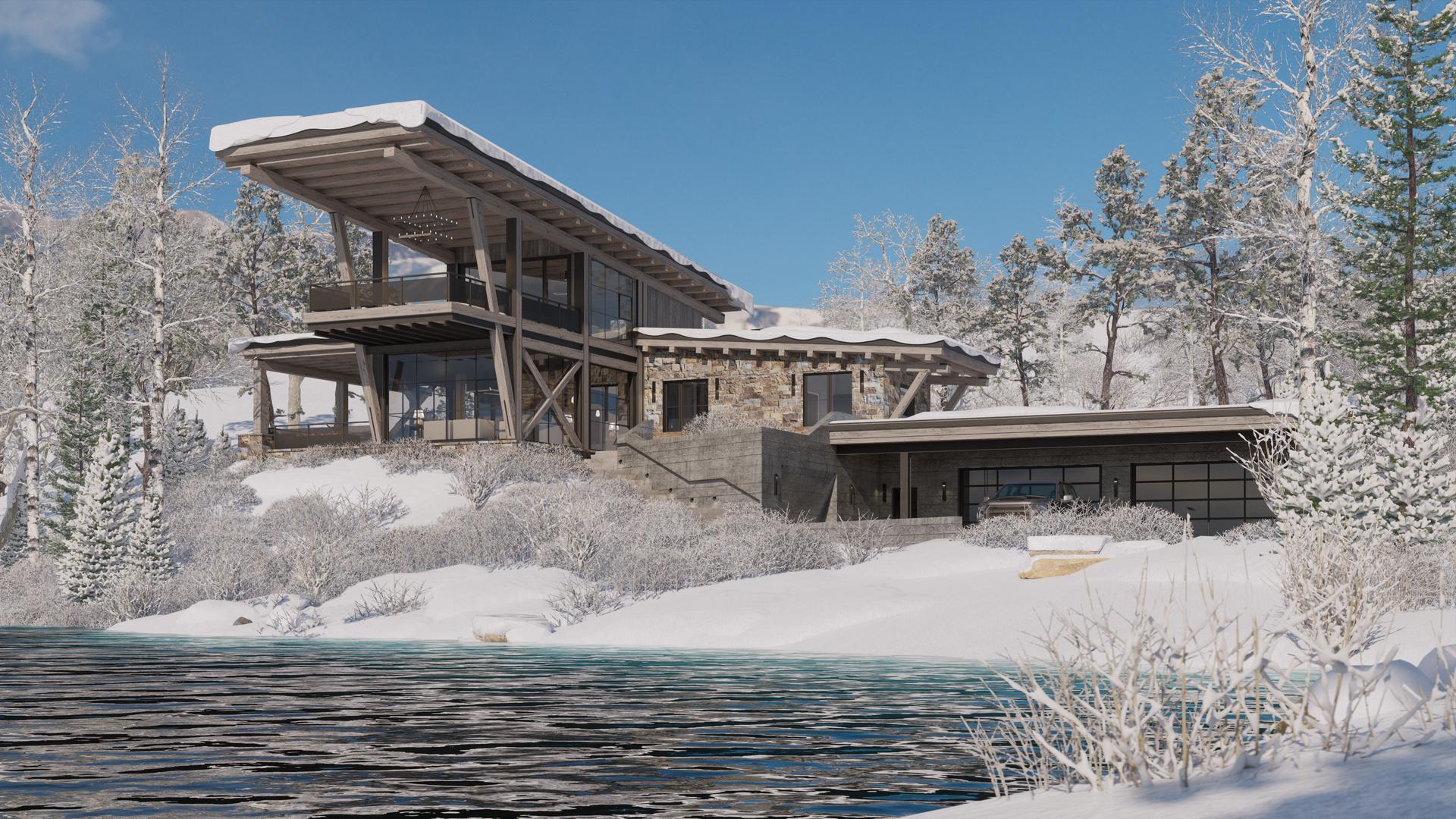 A large house is sitting on top of a snow covered hill next to a lake.