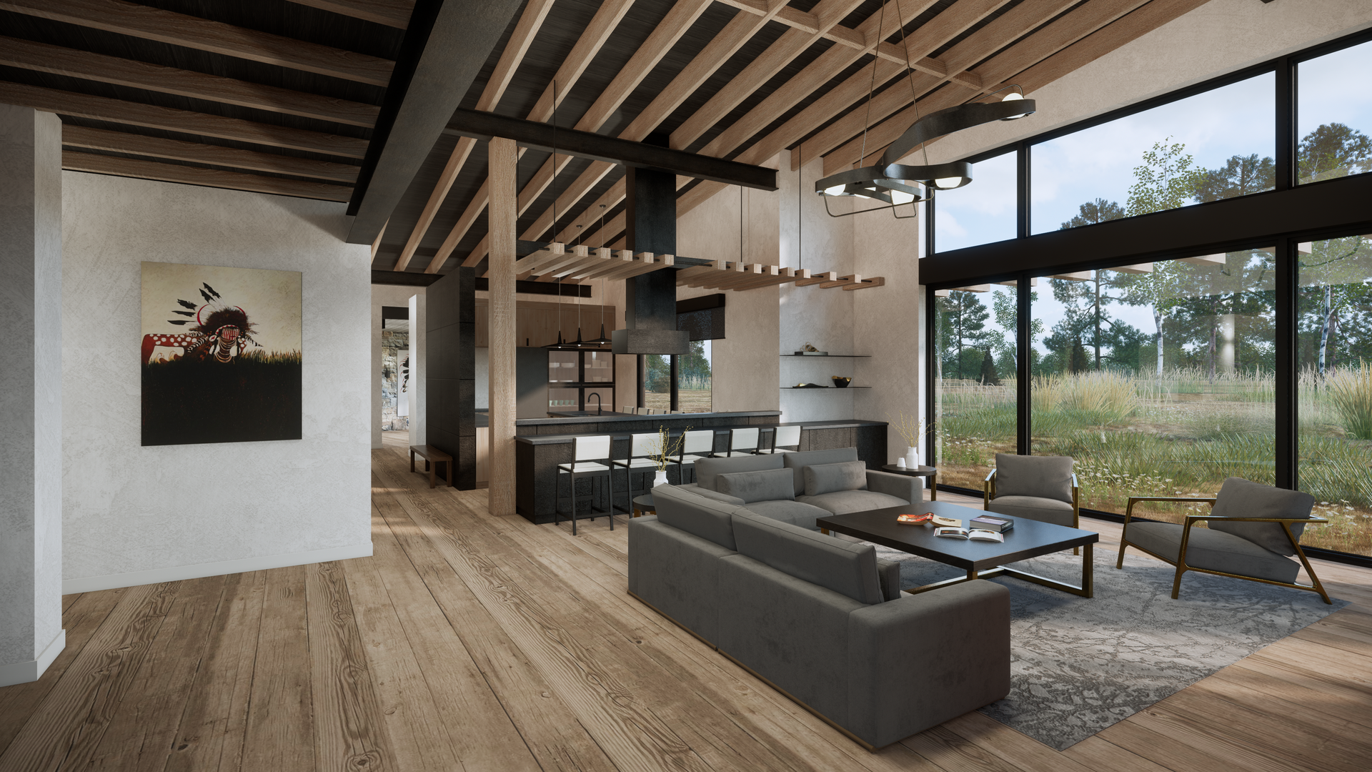 A living room with a couch , table , chairs and a large window.