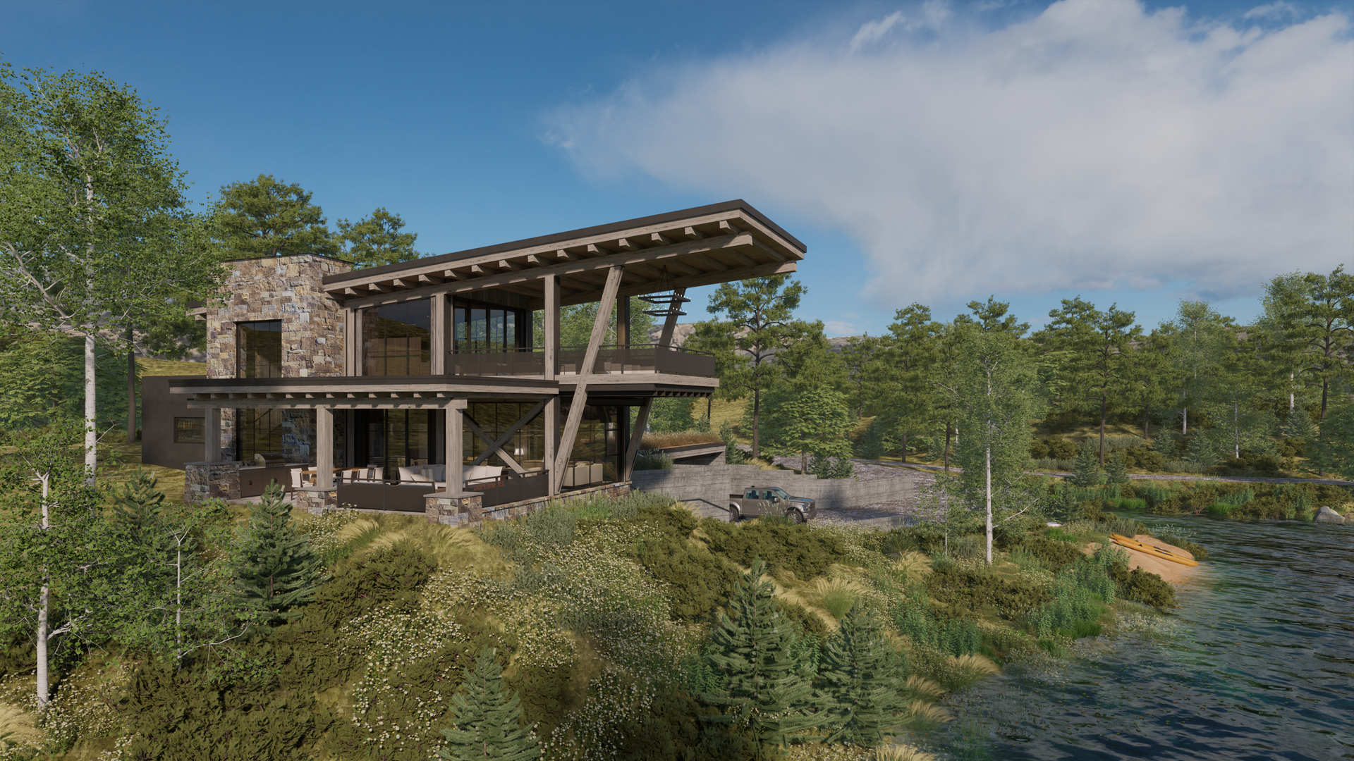 A large house is sitting on top of a hill next to a lake surrounded by trees.