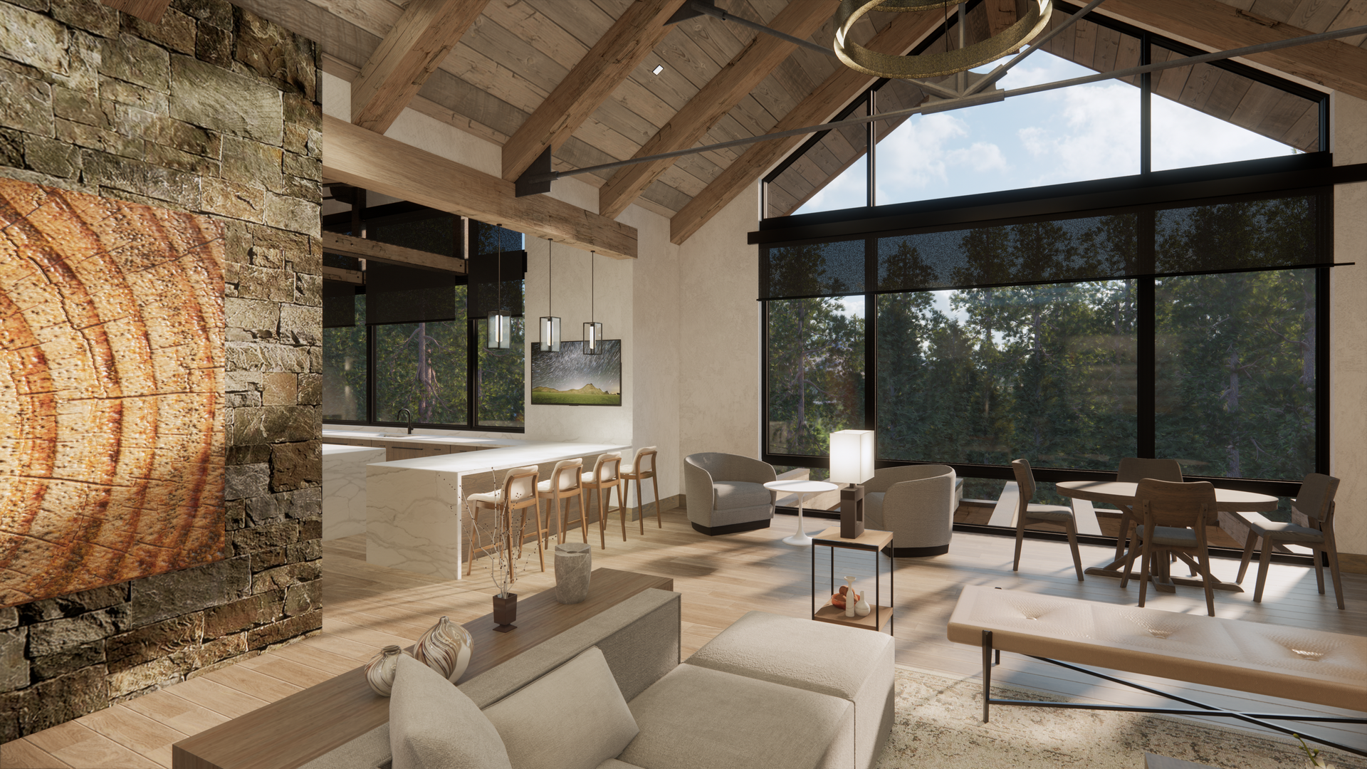 A living room with a couch , chairs , and a fireplace.