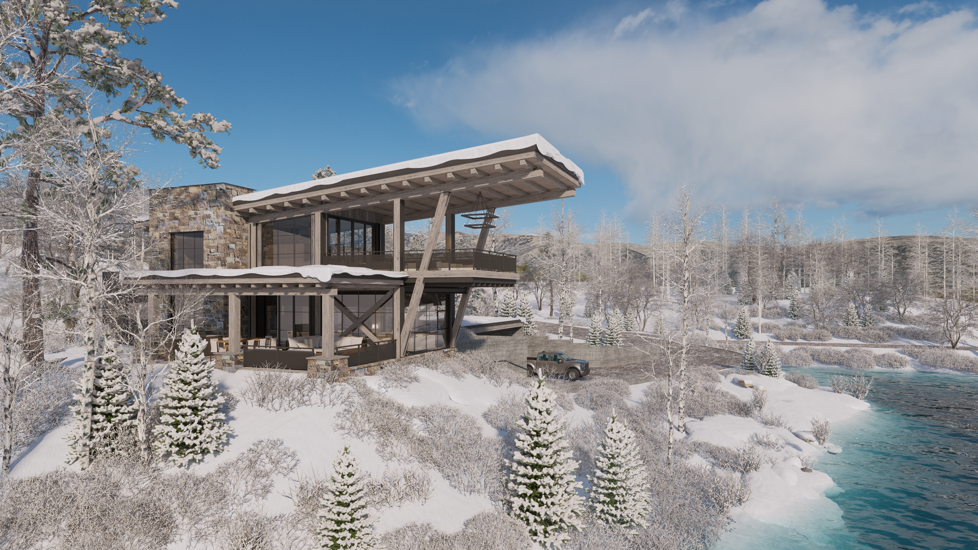 A house is sitting on top of a snow covered hill next to a river.