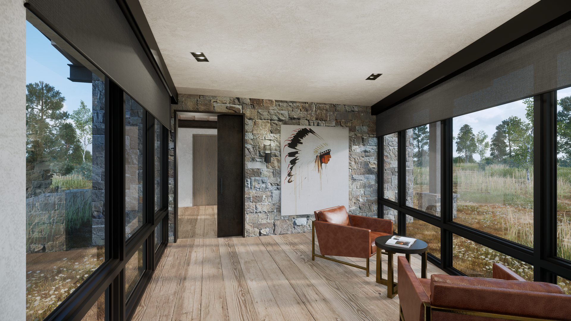 A living room with a lot of windows and a painting on the wall.