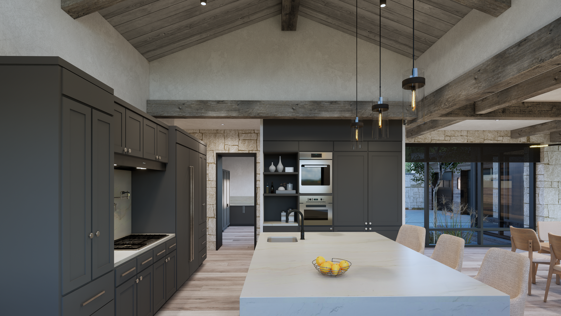 An artist 's impression of a kitchen with a large island in the middle.