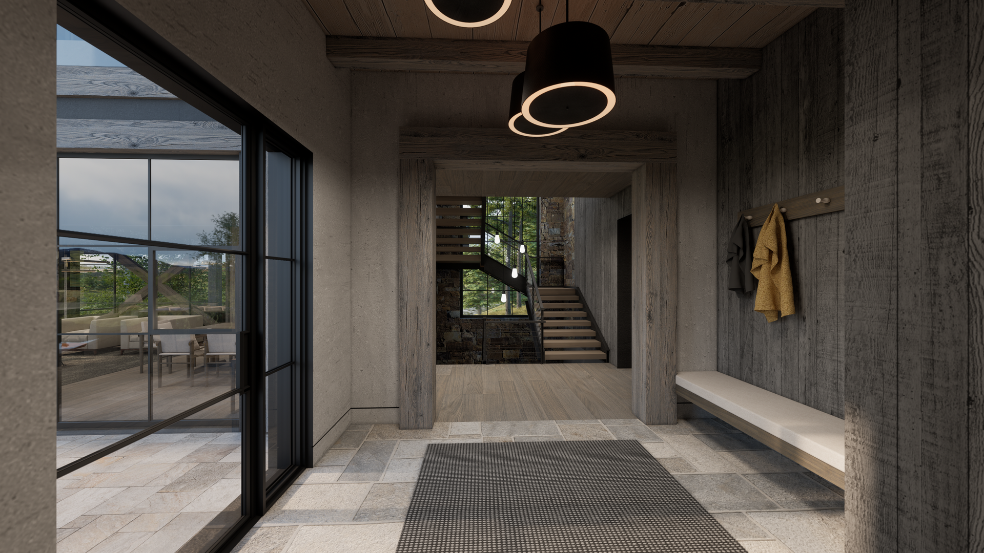 A hallway with a bench and a staircase in the background.