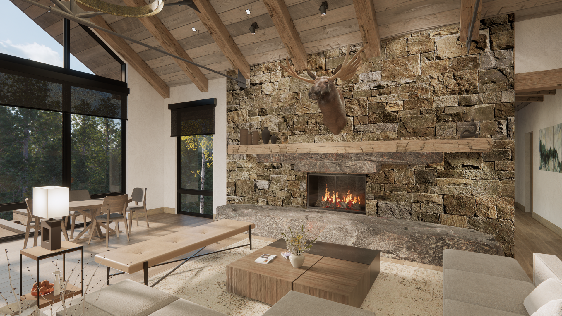 A living room with a fireplace , couch , table and chairs.