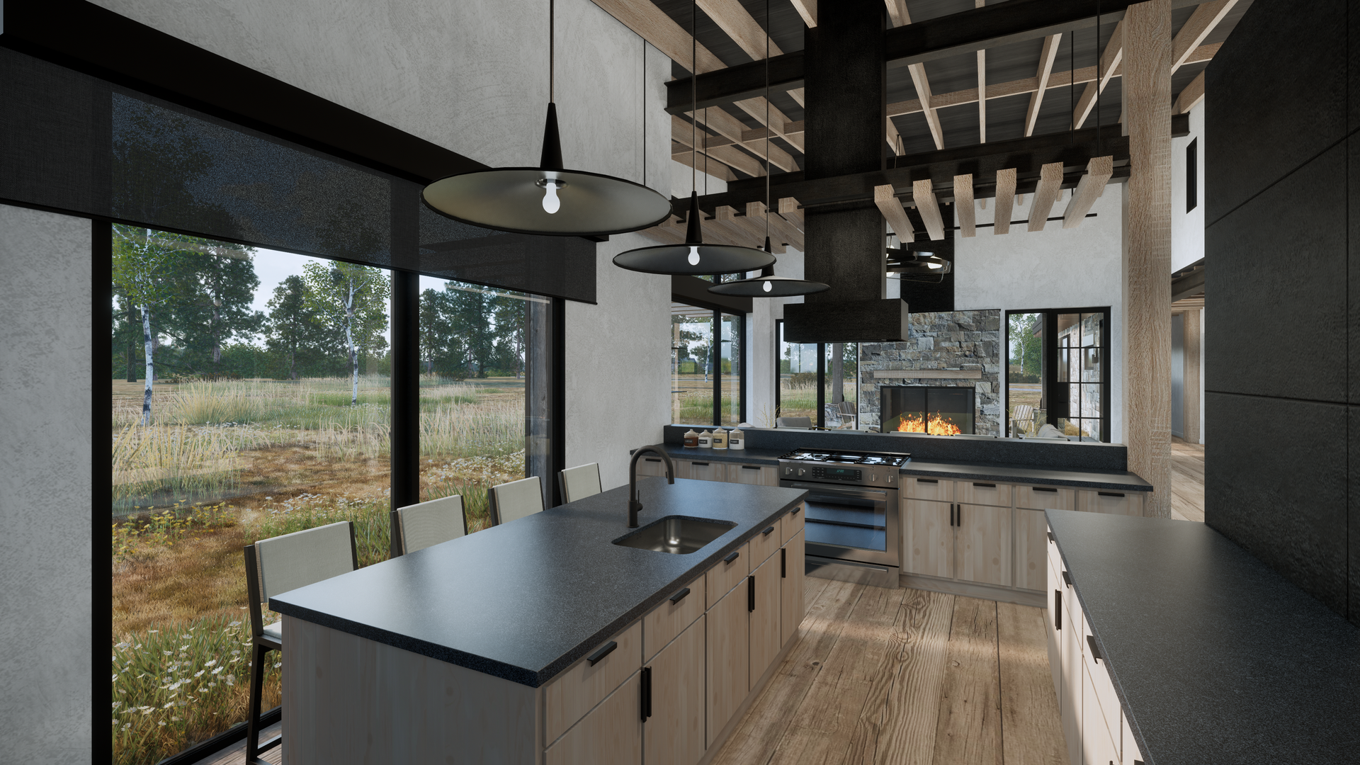 A kitchen with a large island and a fireplace