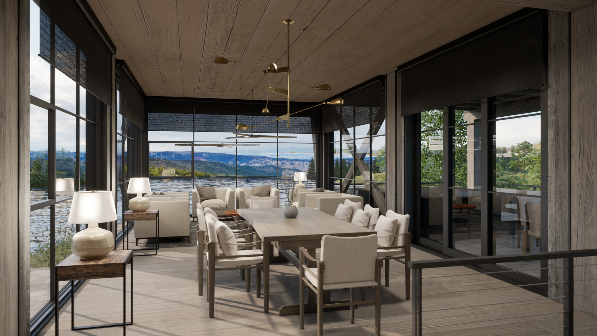 A large room with a dining table and chairs and a lot of windows.