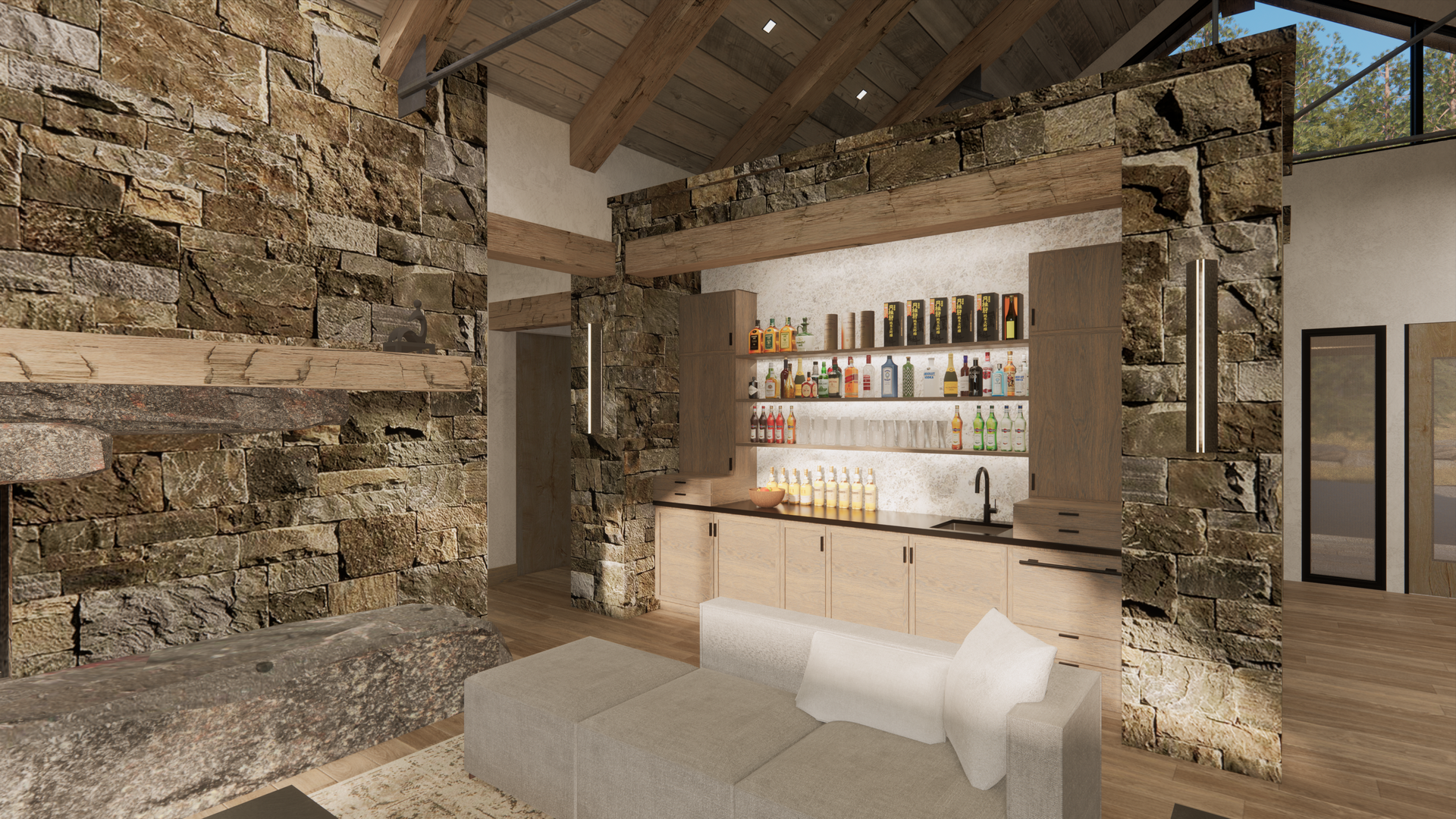 An artist 's impression of a living room with a bar and a fireplace.