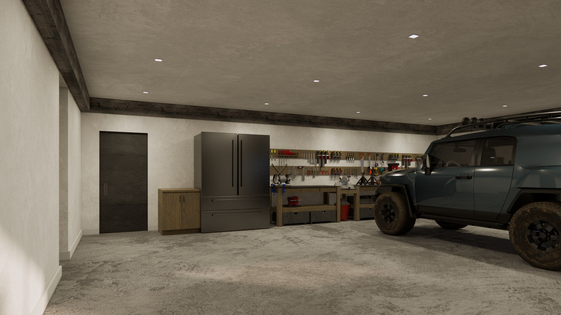 A jeep is parked in a garage next to a refrigerator.