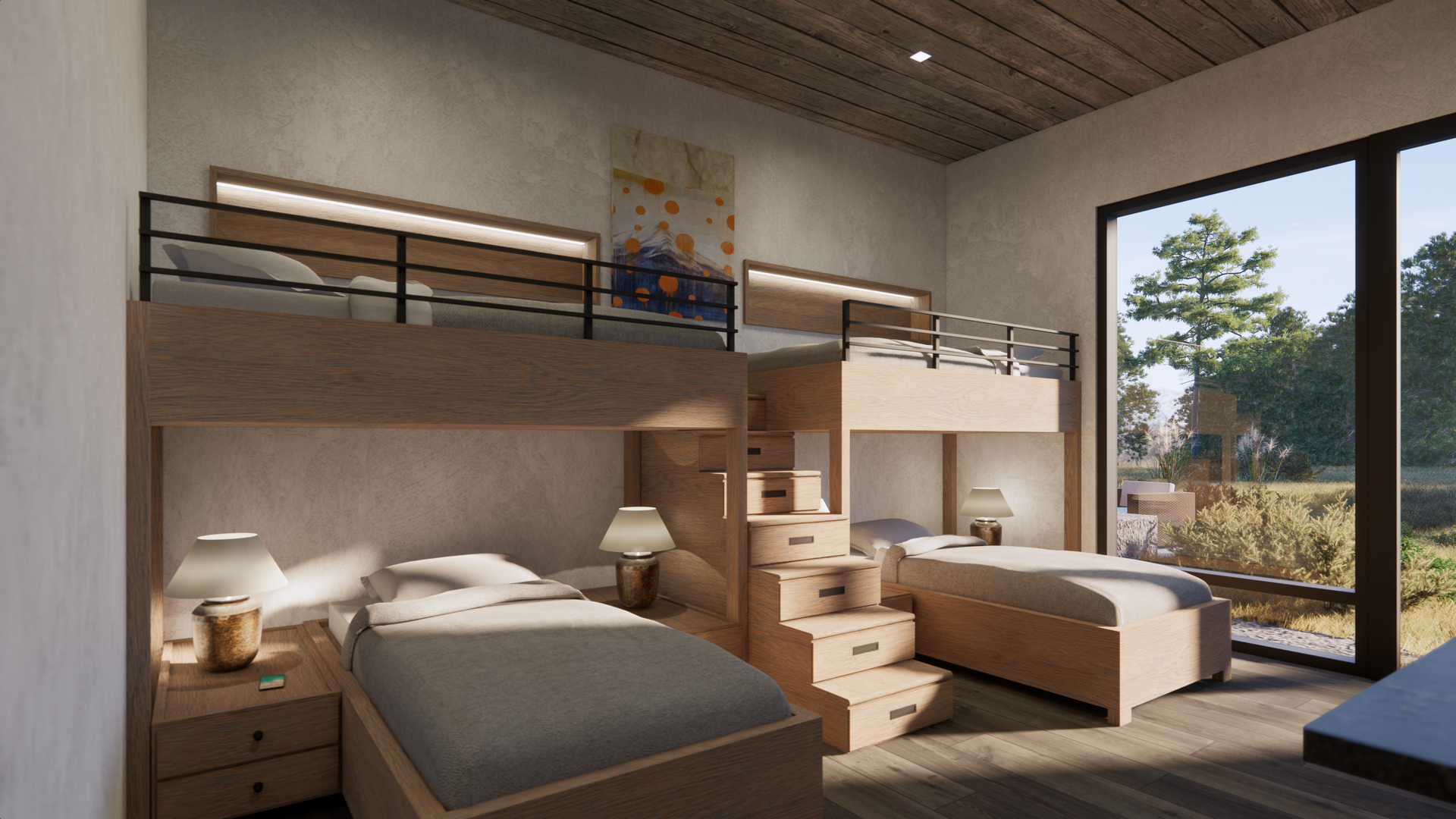 A bedroom with three bunk beds and a large window.