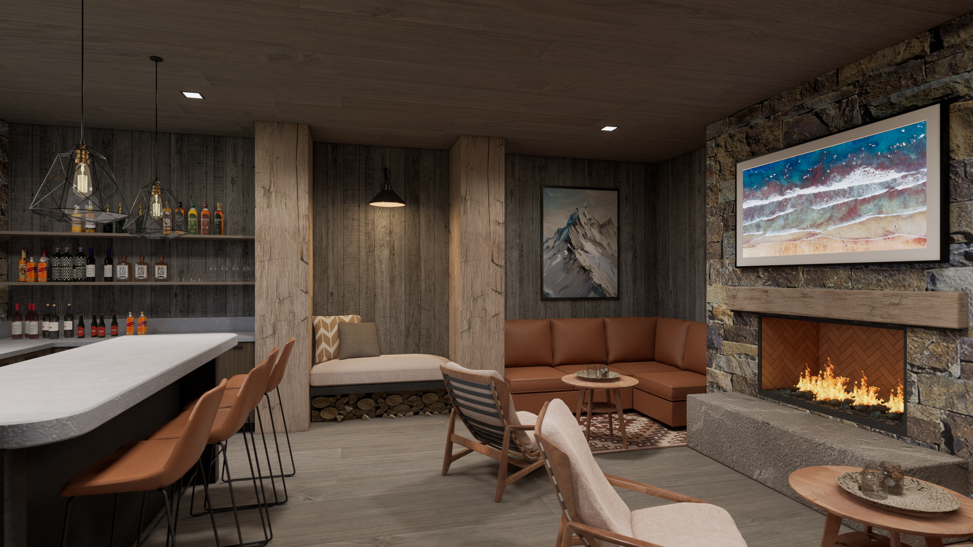 A living room with a fireplace , couch , chairs and a bar.