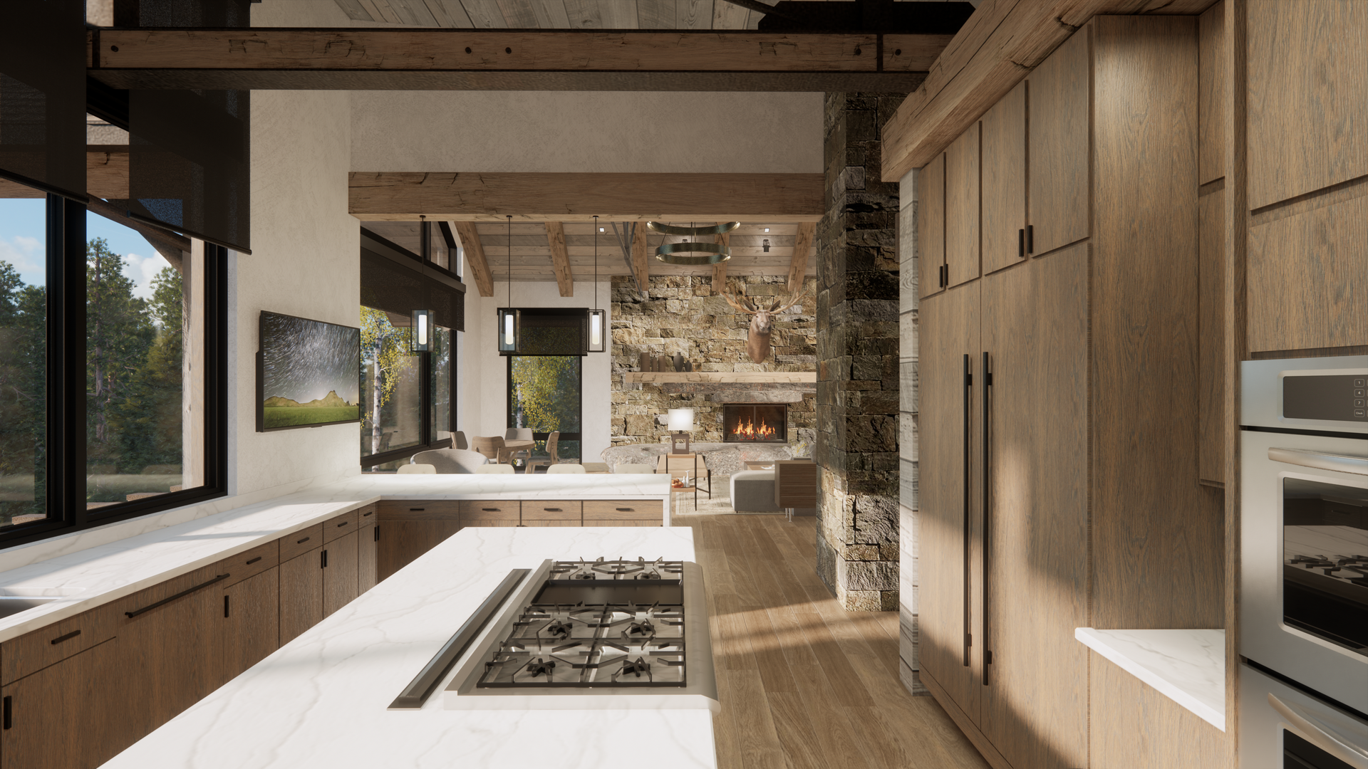 An artist 's impression of a kitchen with wooden cabinets and stainless steel appliances.