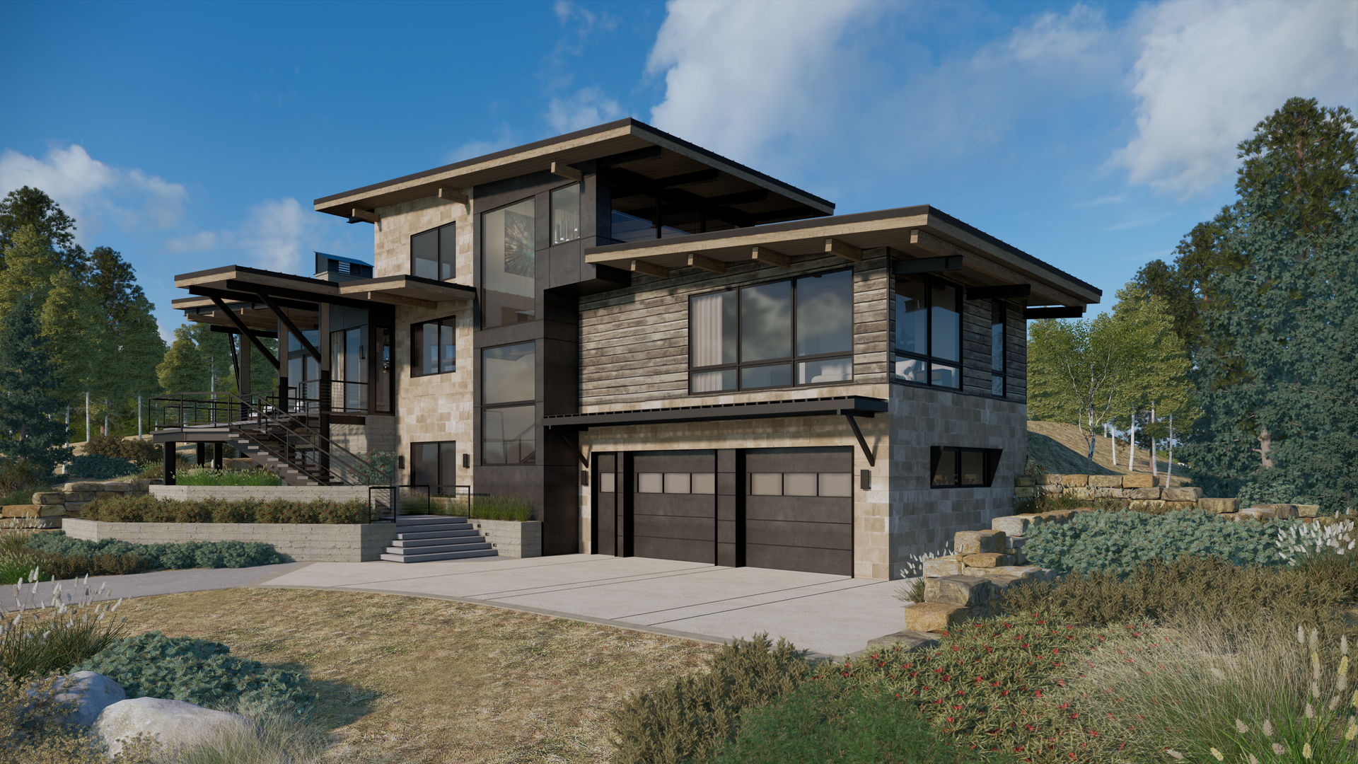 An artist 's impression of a modern house with a large garage.