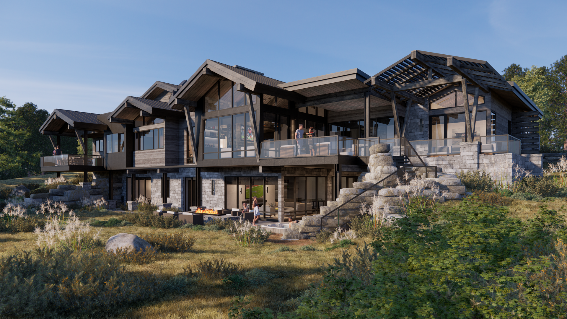 A large house with a lot of windows is sitting on top of a hill surrounded by trees.