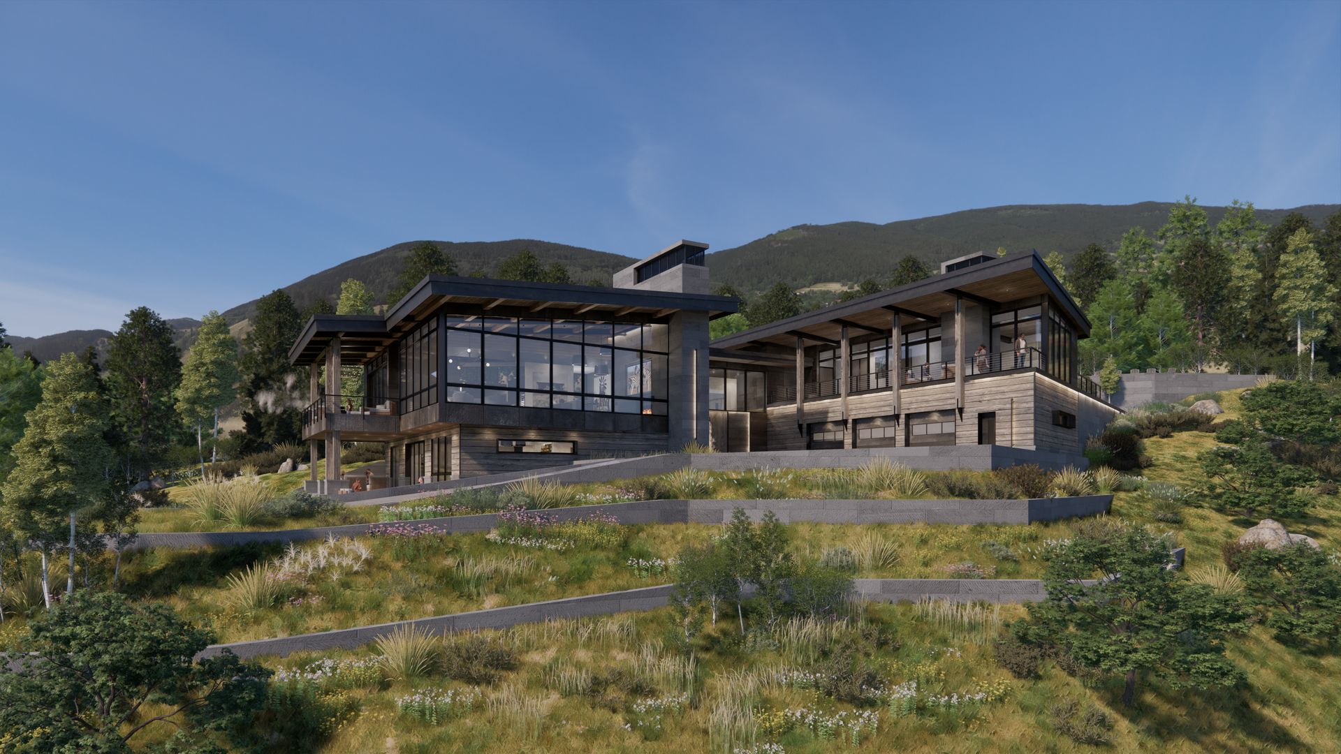 A large house is sitting on top of a hill surrounded by trees.