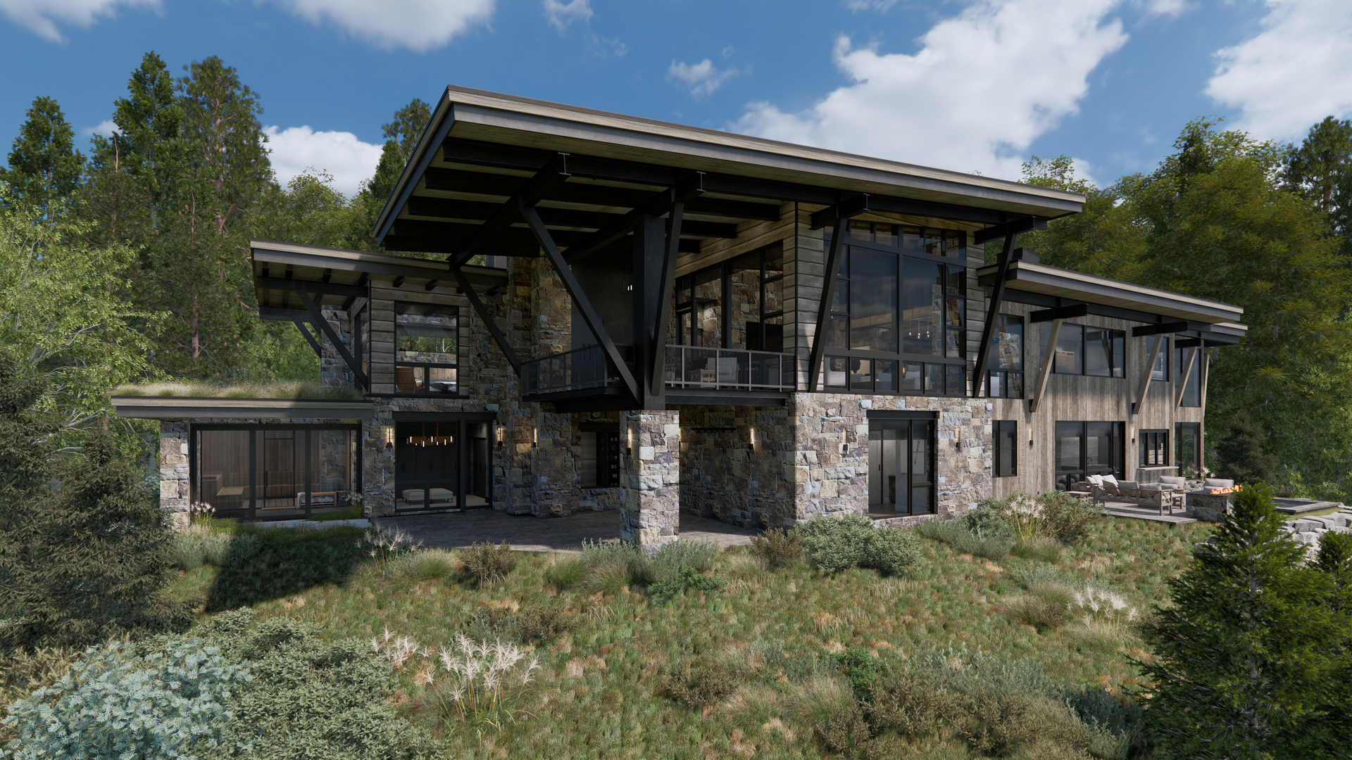 A large house is sitting on top of a grassy hill surrounded by trees.