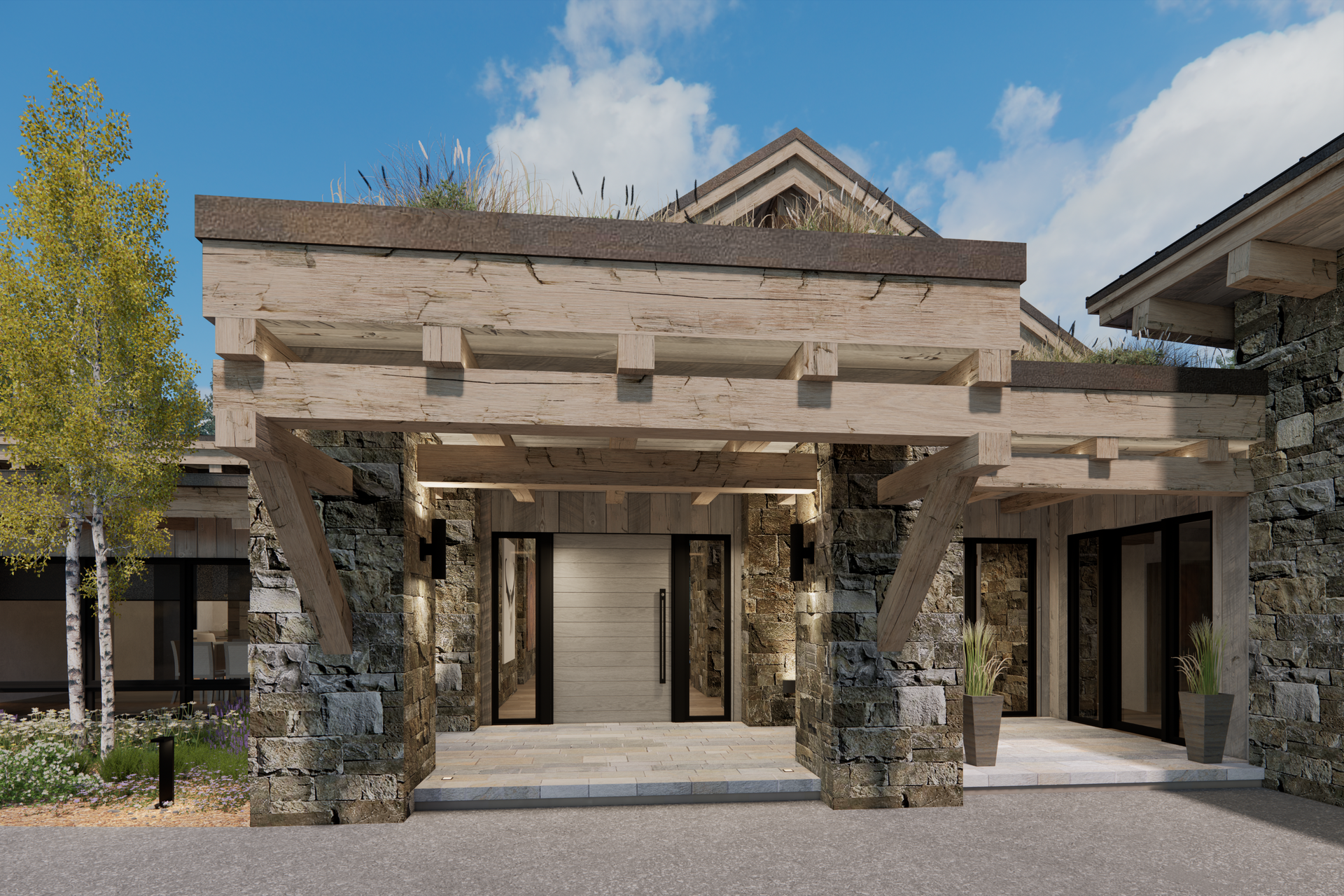 An artist 's impression of a house with a large wooden porch.