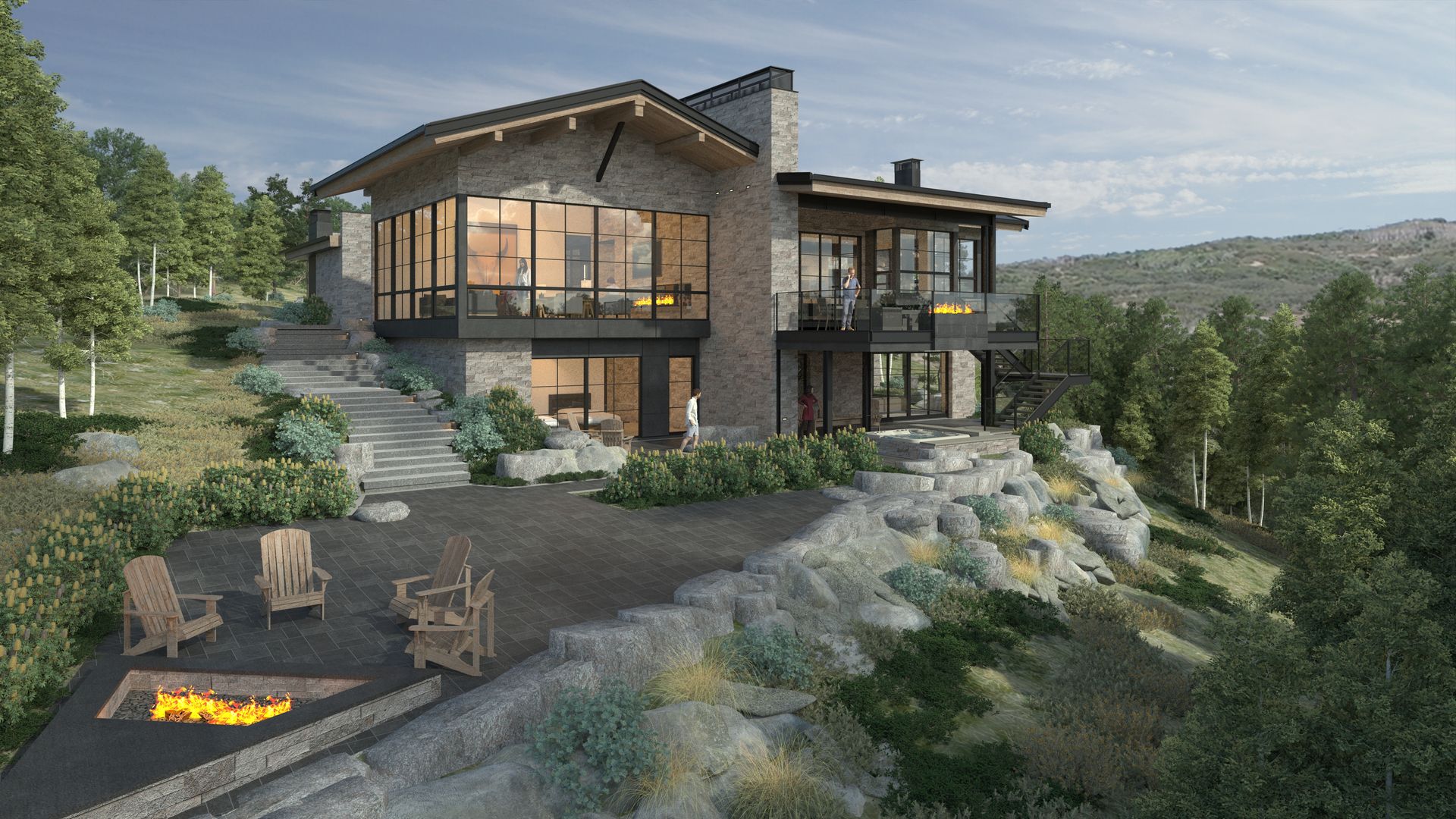 A large house is sitting on top of a hill surrounded by trees.