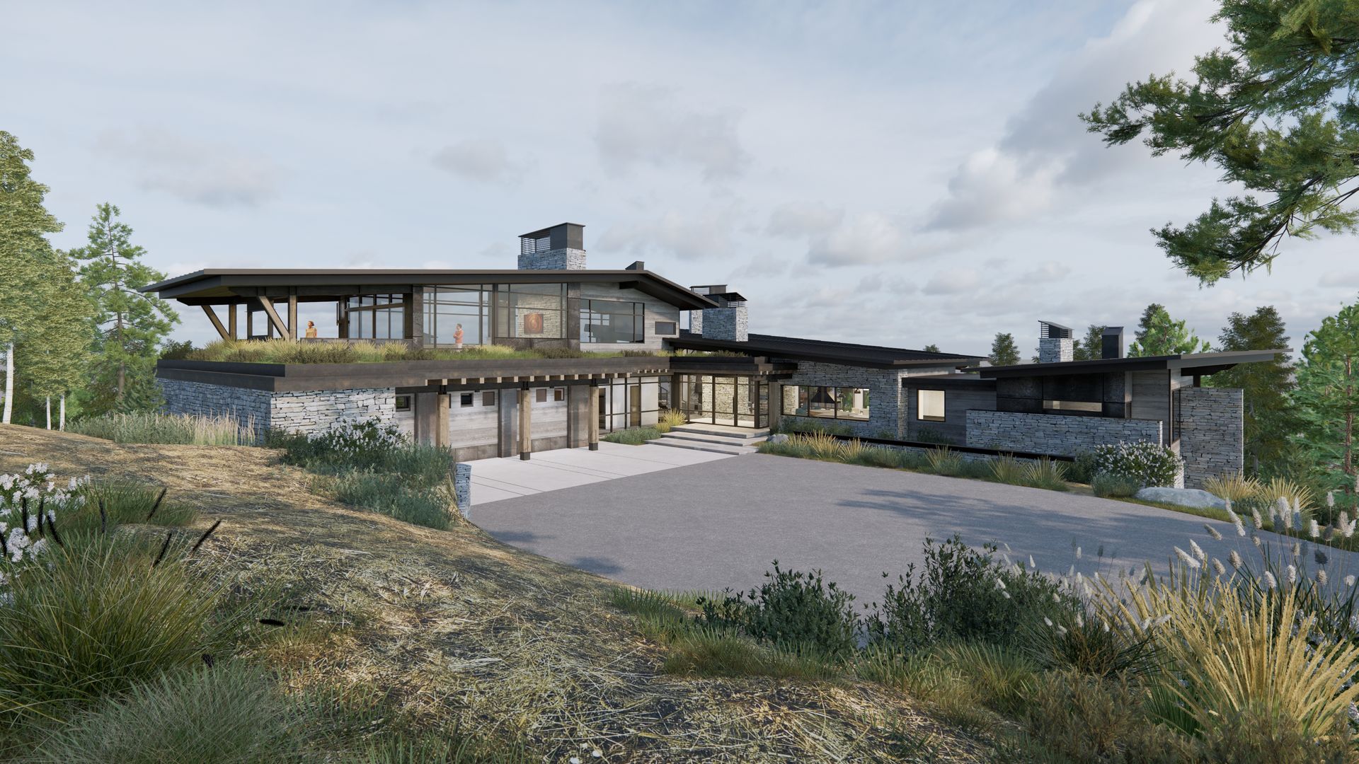 A large house is sitting on top of a hill surrounded by trees and grass.