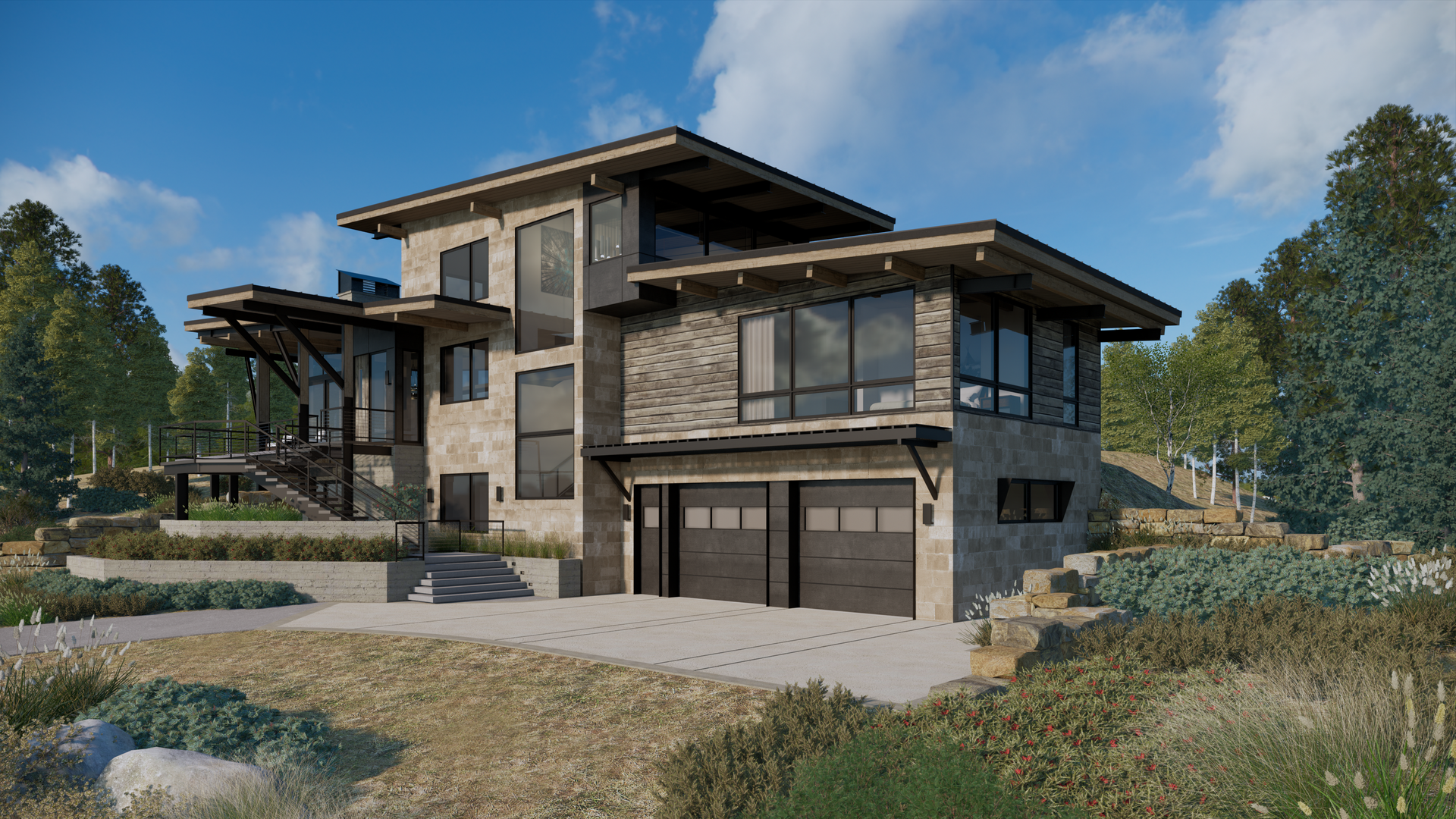 A large house with a lot of windows and a garage is sitting on top of a hill.