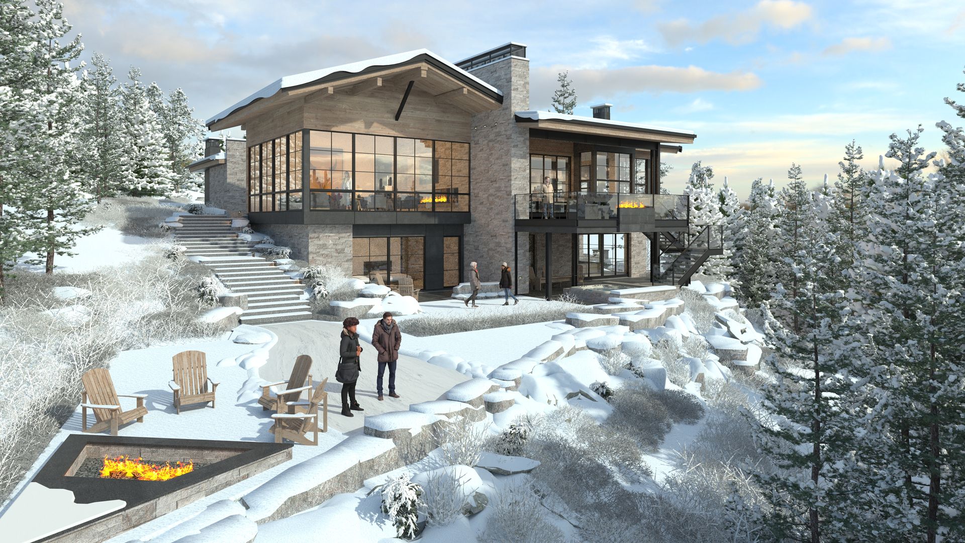 A large house is sitting on top of a snow covered hill.