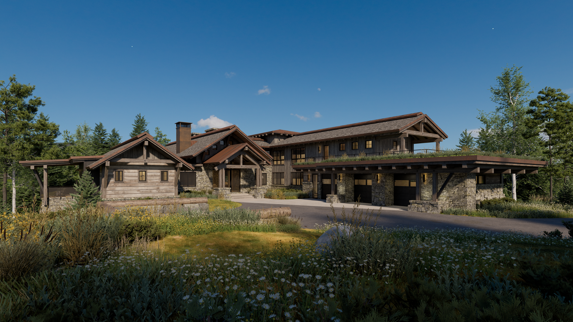 A large house is sitting in the middle of a field surrounded by trees.