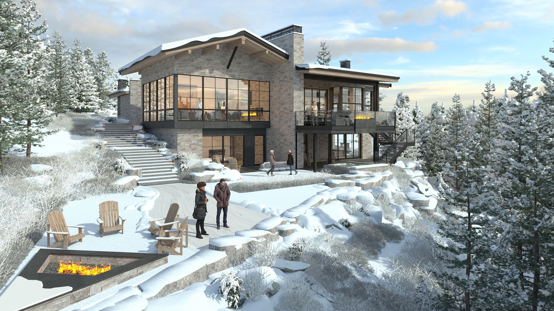 A large house is sitting on top of a snow covered hill.