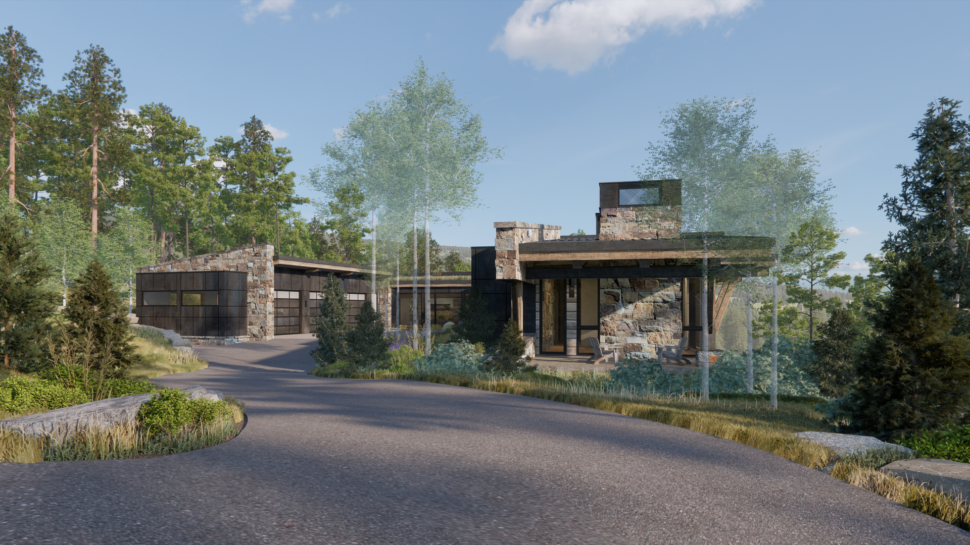 An artist 's impression of a house sitting on top of a hill surrounded by trees.