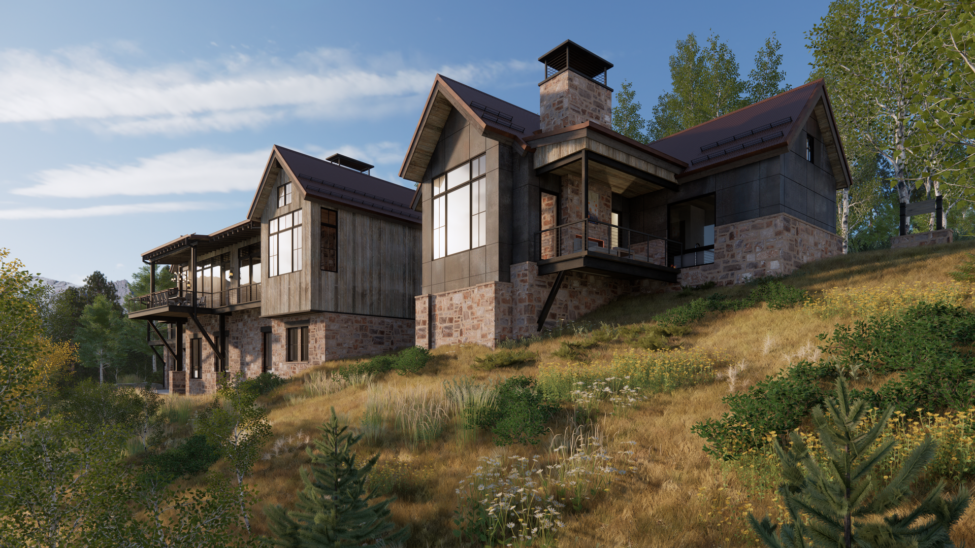 A large house is sitting on top of a hill surrounded by trees.