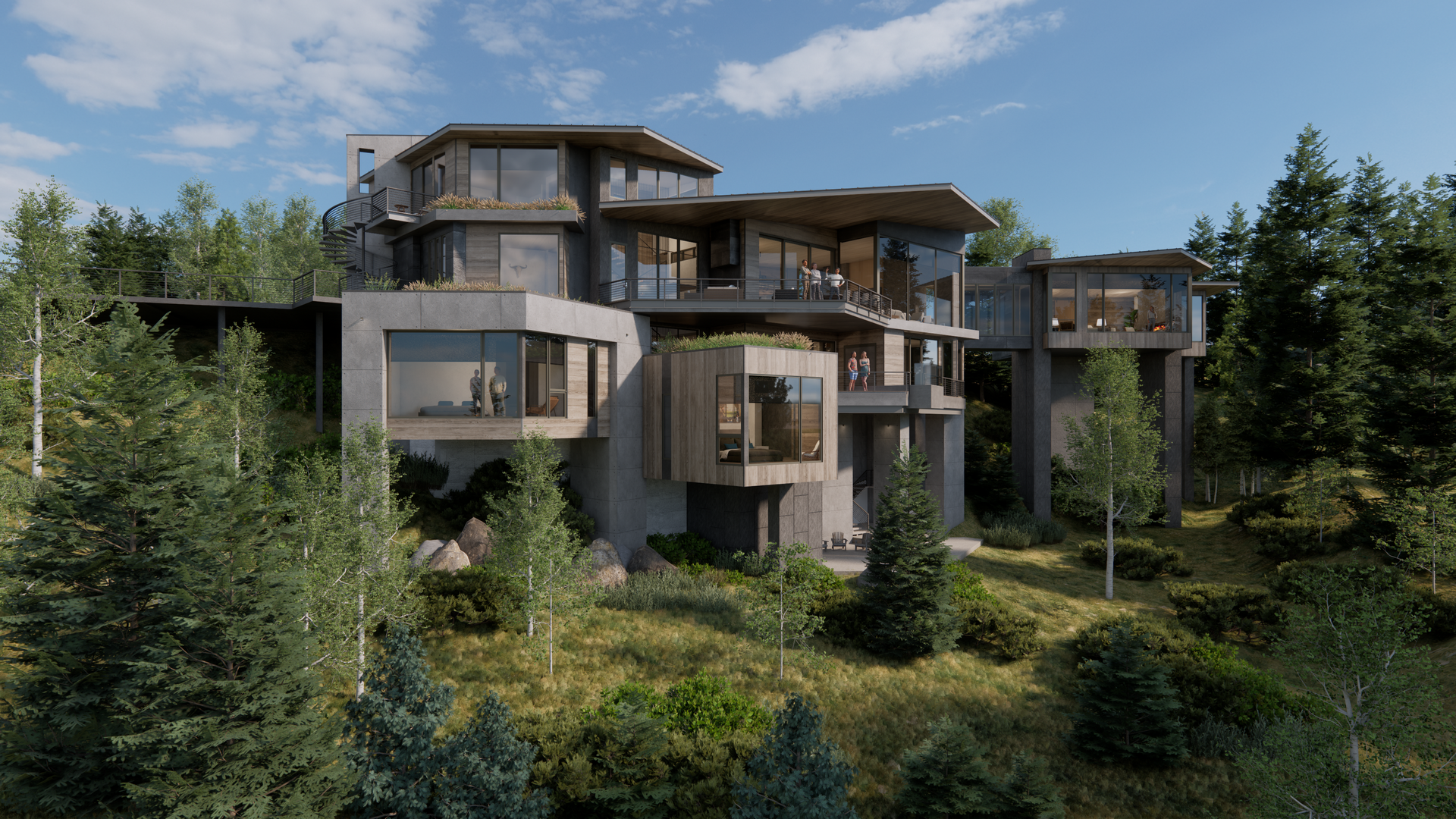 A large house is sitting on top of a hill surrounded by trees.