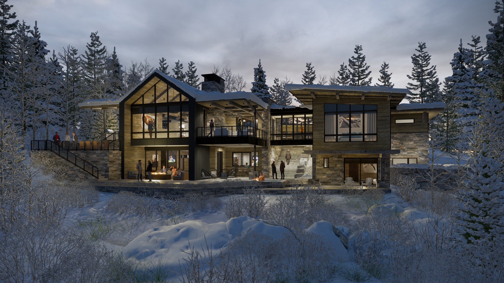 A large house is sitting in the middle of a snowy forest.