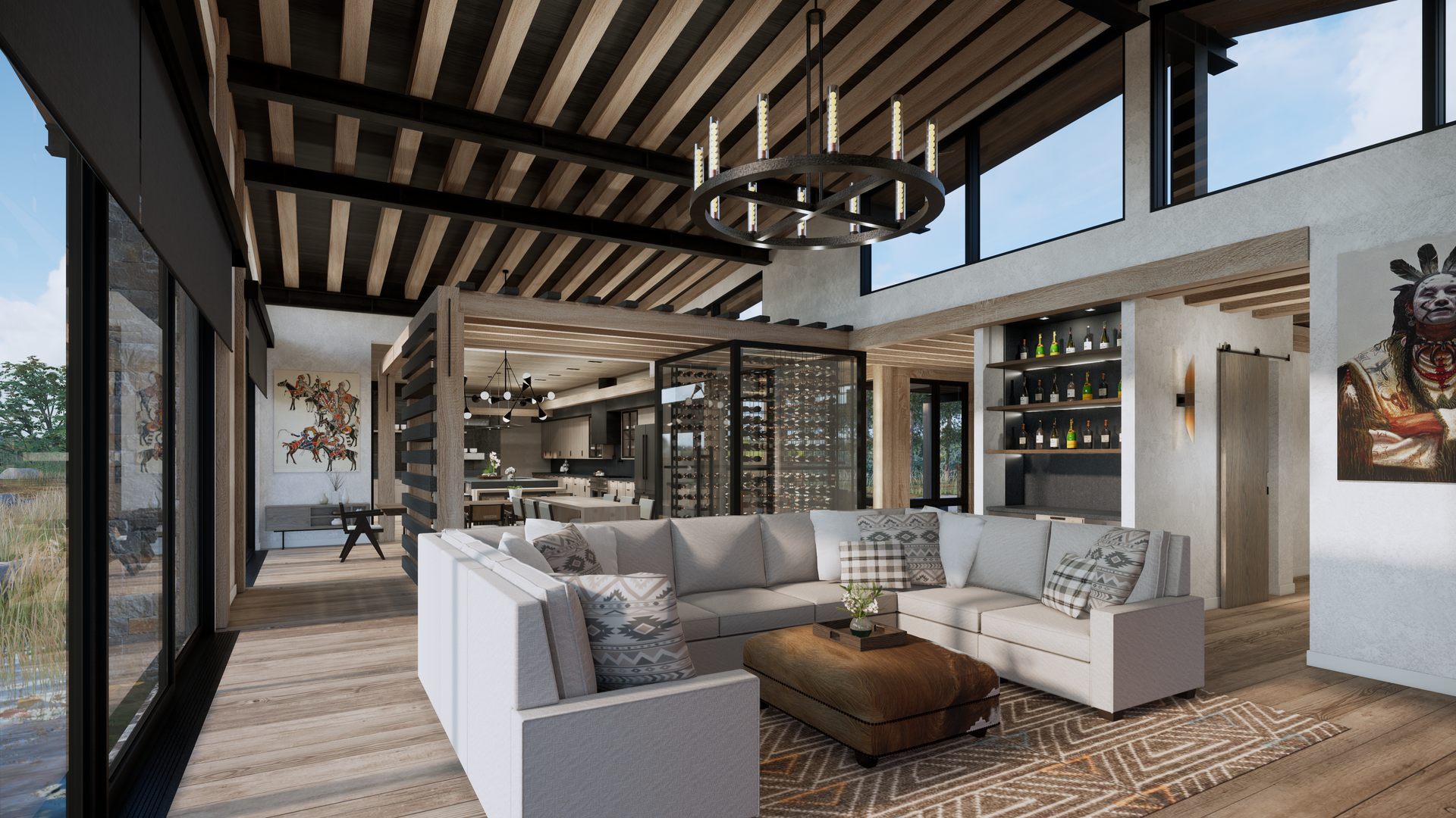 A living room with a large sectional couch and a coffee table.